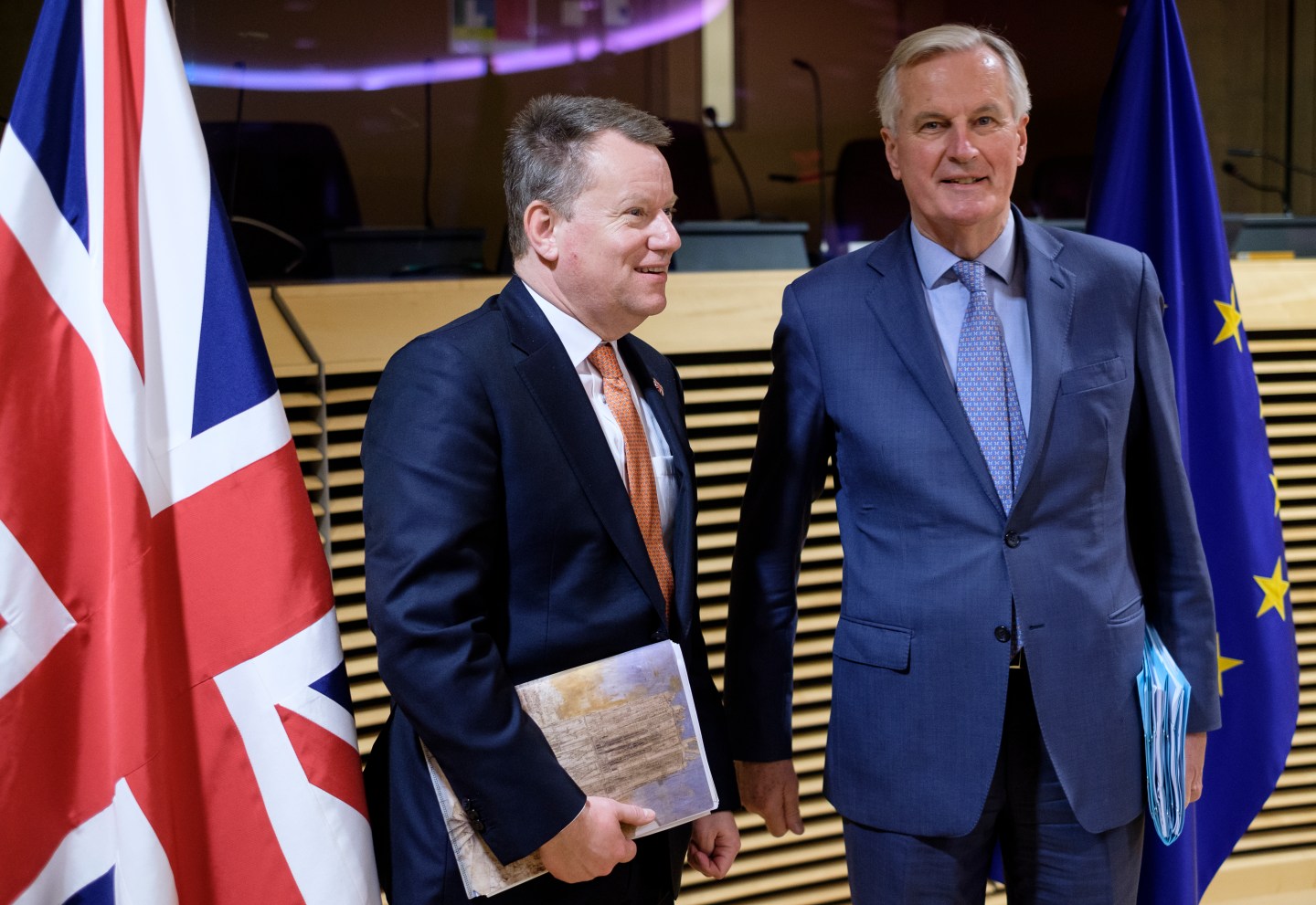 British Chief Negotiator of Task Force Europe at the Cabinet Office David George Hamilton Frost, CMG (L) is welcomed by the European Union Head of the UK Task Force Michel Barnier (R) prior to the first bilateral meeting to begin formal negotiations of the future relationship between the EU and UK on March 2, 2020 in Brussels, Belgium.