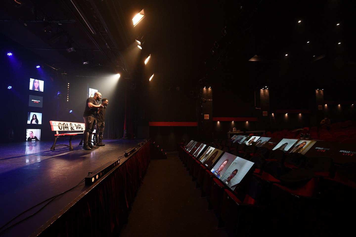 French humorists Othman (L) and Kalvin perform onstage at the Apollo Theatre on May 14, 2020 in Paris during their live streaming show with 20 spectators in videoconference. - France is easing lockdown measures in place for 55 days to curb the spread of the COVID-19 pandemic, caused by the novel coronavirus. (Photo by FRANCK FIFE / AFP) / RESTRICTED TO EDITORIAL USE - MANDATORY MENTION OF THE ARTIST UPON PUBLICATION - TO ILLUSTRATE THE EVENT AS SPECIFIED IN THE CAPTION (Photo by FRANCK FIFE/AFP via Getty Images)