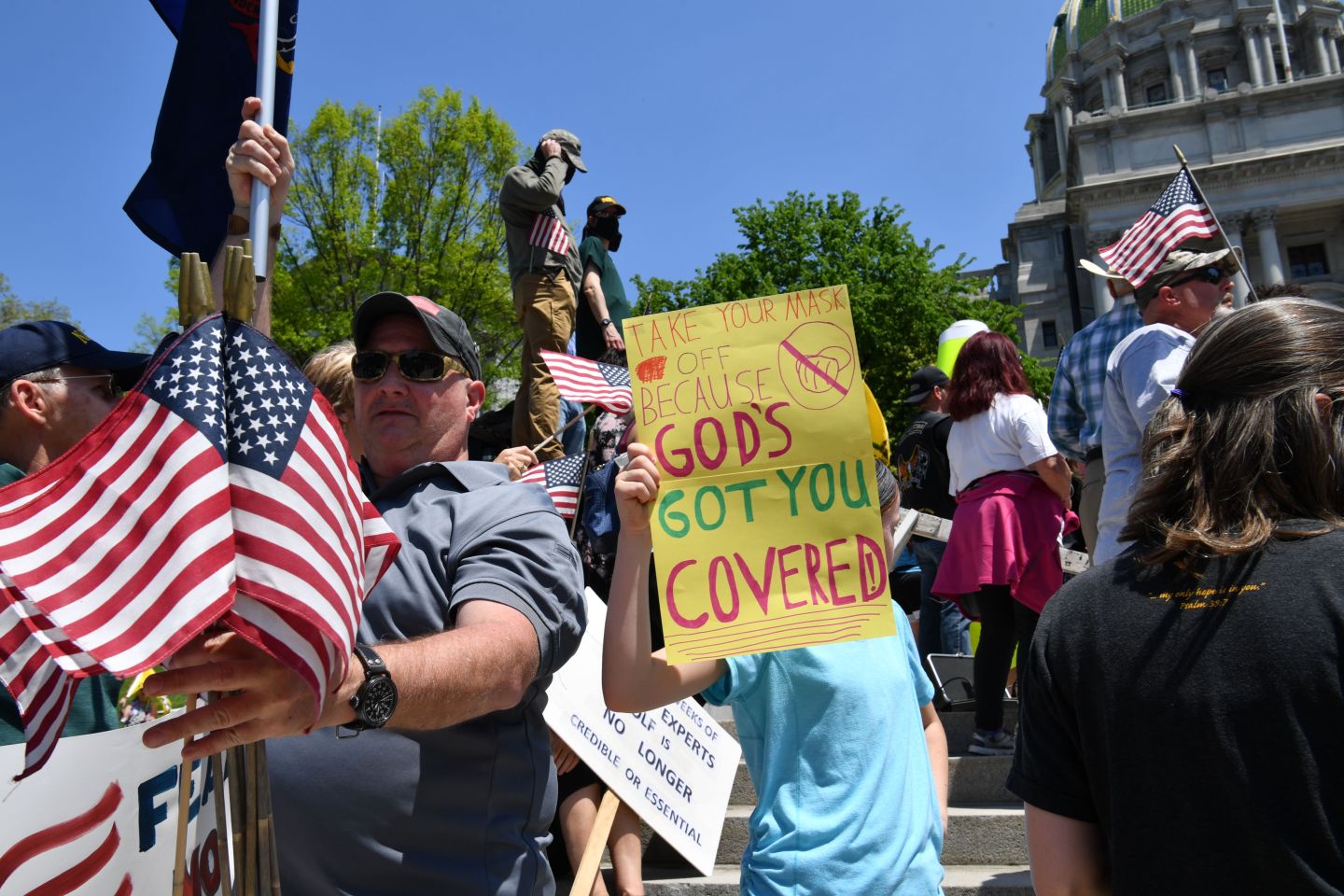 Demonstrators protest in Harrisburg, Pennsylvania, on May 15, 2020, demanding the re-opening of the state and against Governor Tom Wolf's shutdown orders during the coronavirus pandemic.