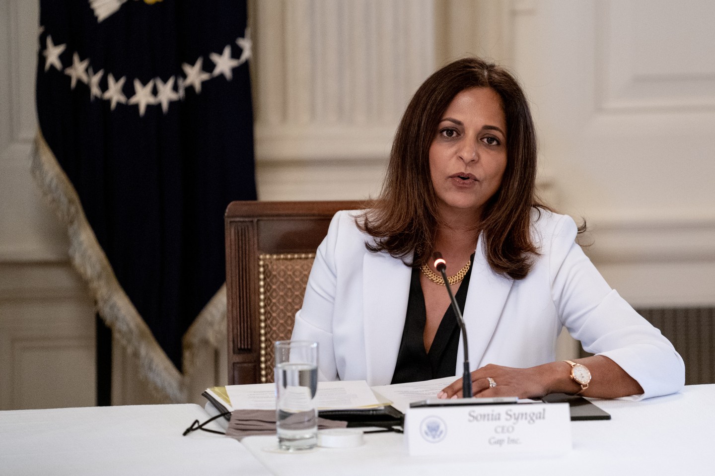 Sonia Syngal, chief executive officer of Gap Inc., speaks during a meeting in Washington, D.C., U.S., on Friday, May 29, 2020. Photographer: Erin Schaff/The New York Times/Bloomberg via Getty Images