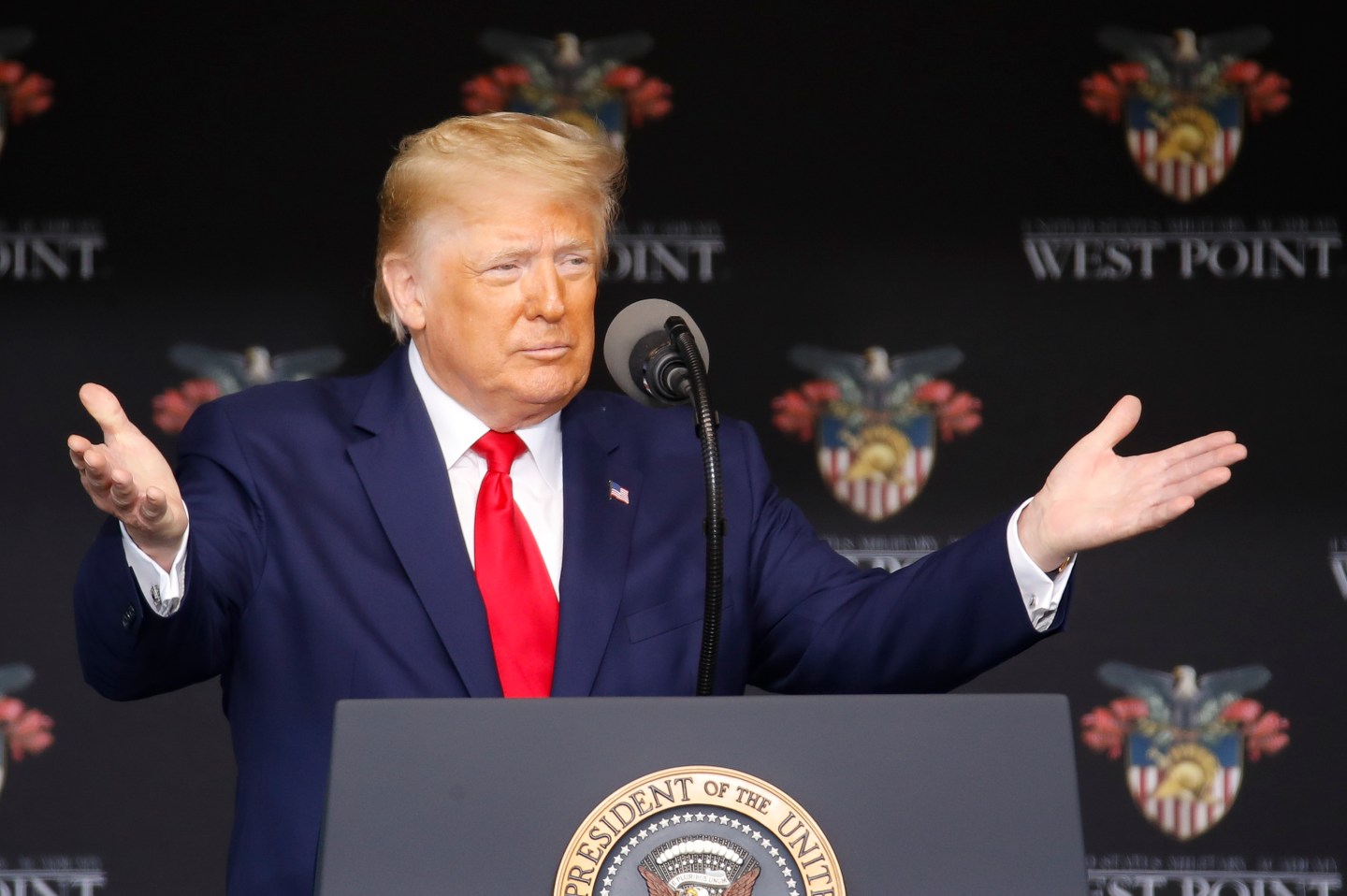 U.S. President Donald Trump speaks to West Point graduating cadets during commencement ceremonies at Plain Parade Field at the United States Military Academy on June 13, 2020 in West Point, New York.