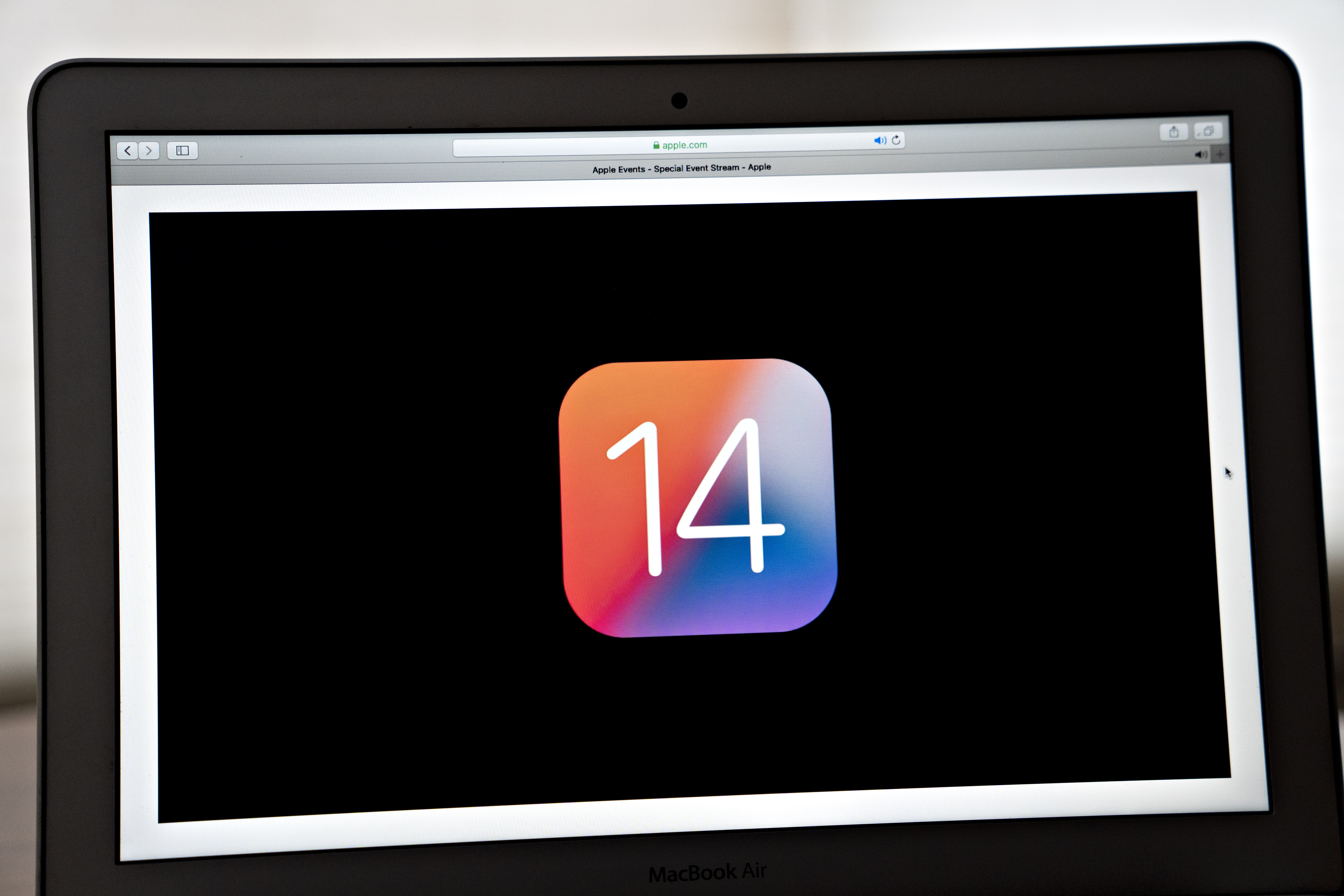 The iOS 14 badge is displayed during the Apple Worldwide Developers Conference. 