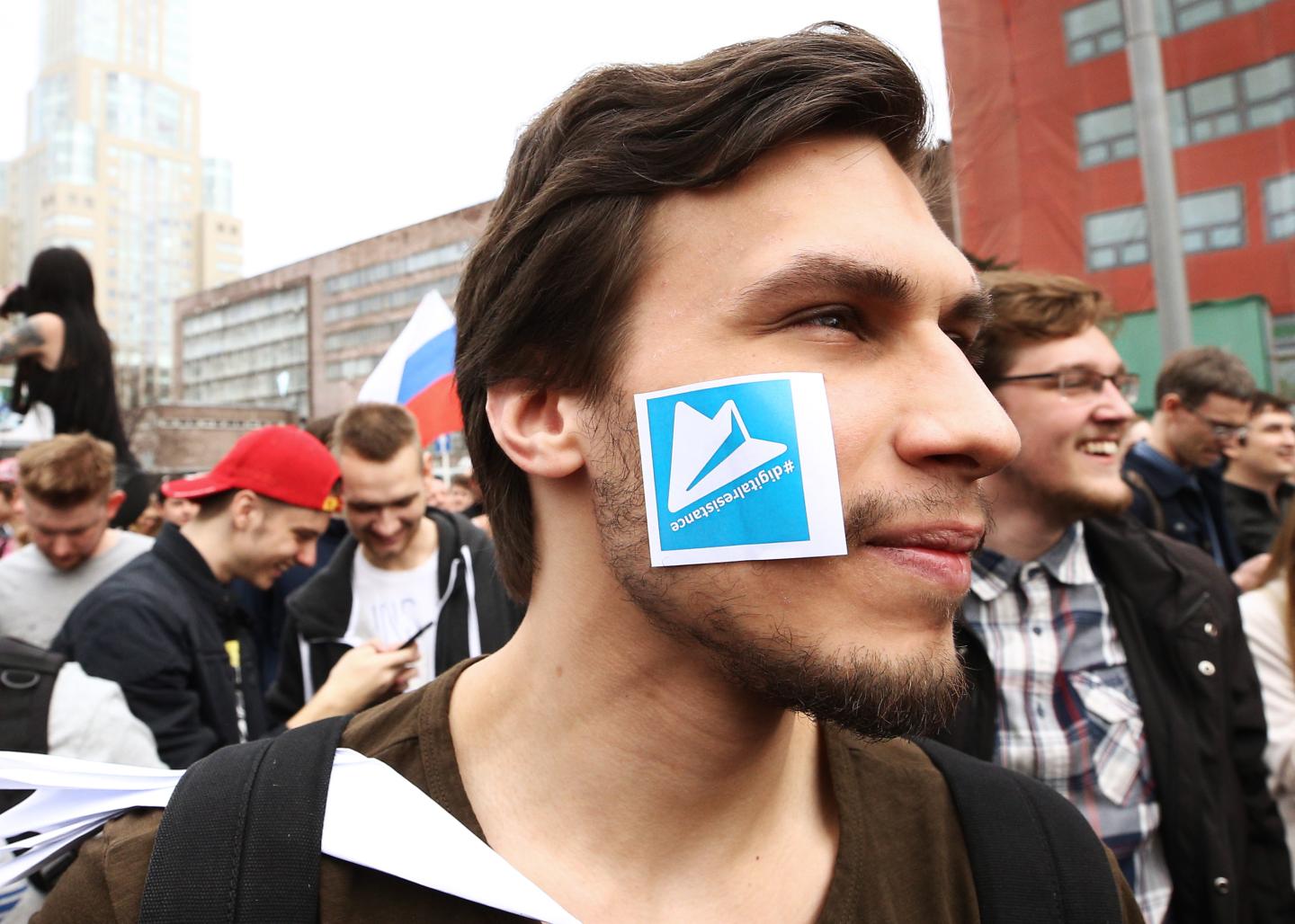People take part in a rally for 'free Internet' and in support of the Telegram Messenger in Akademika Sakharova Avenue. On April 13, 2018, Moscow's Tagansky District Court ruled to block Telegram in Russia.