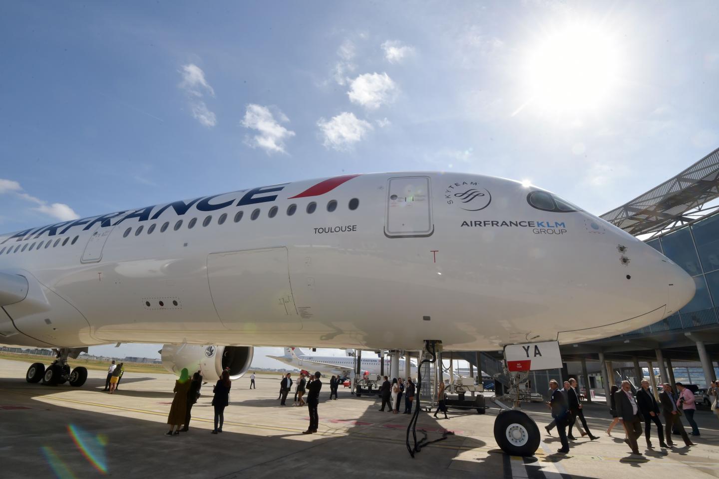 A picture taken on September 27, 2019, at the Airbus delivery center in Colomiers, southwestern France, during the delivery of Air France-KLM's first Airbus A350.