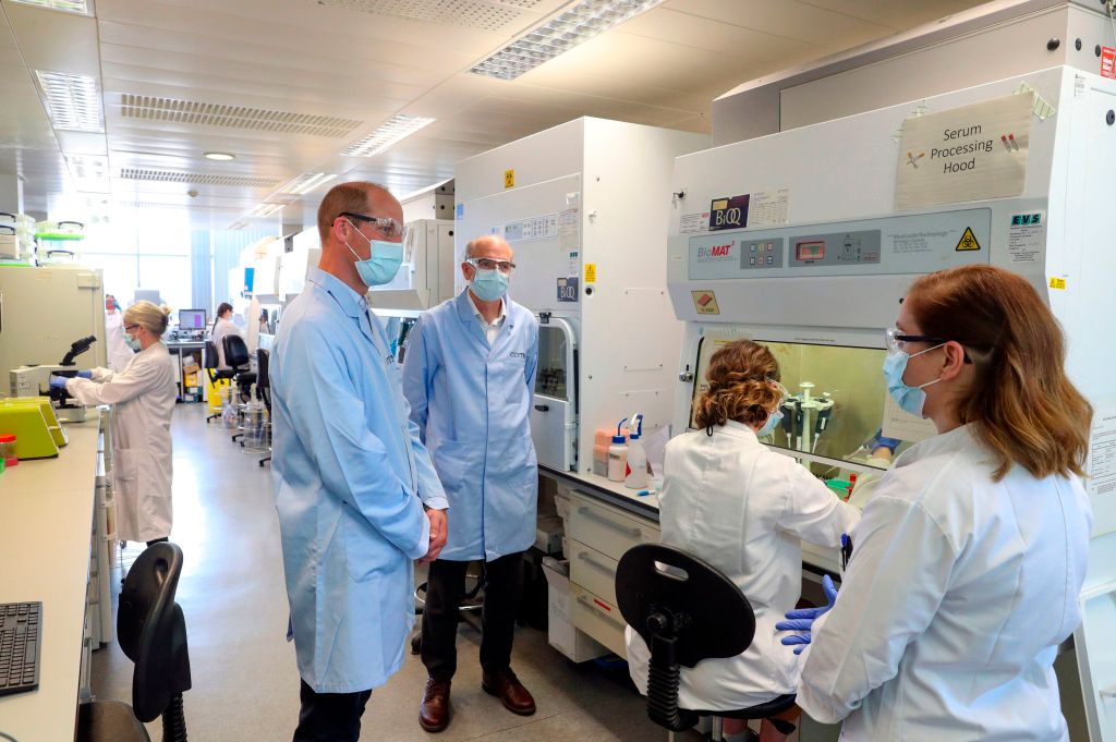 Britain's Prince William visiting an Oxford lab where they are working on a Covid-19 vaccine.