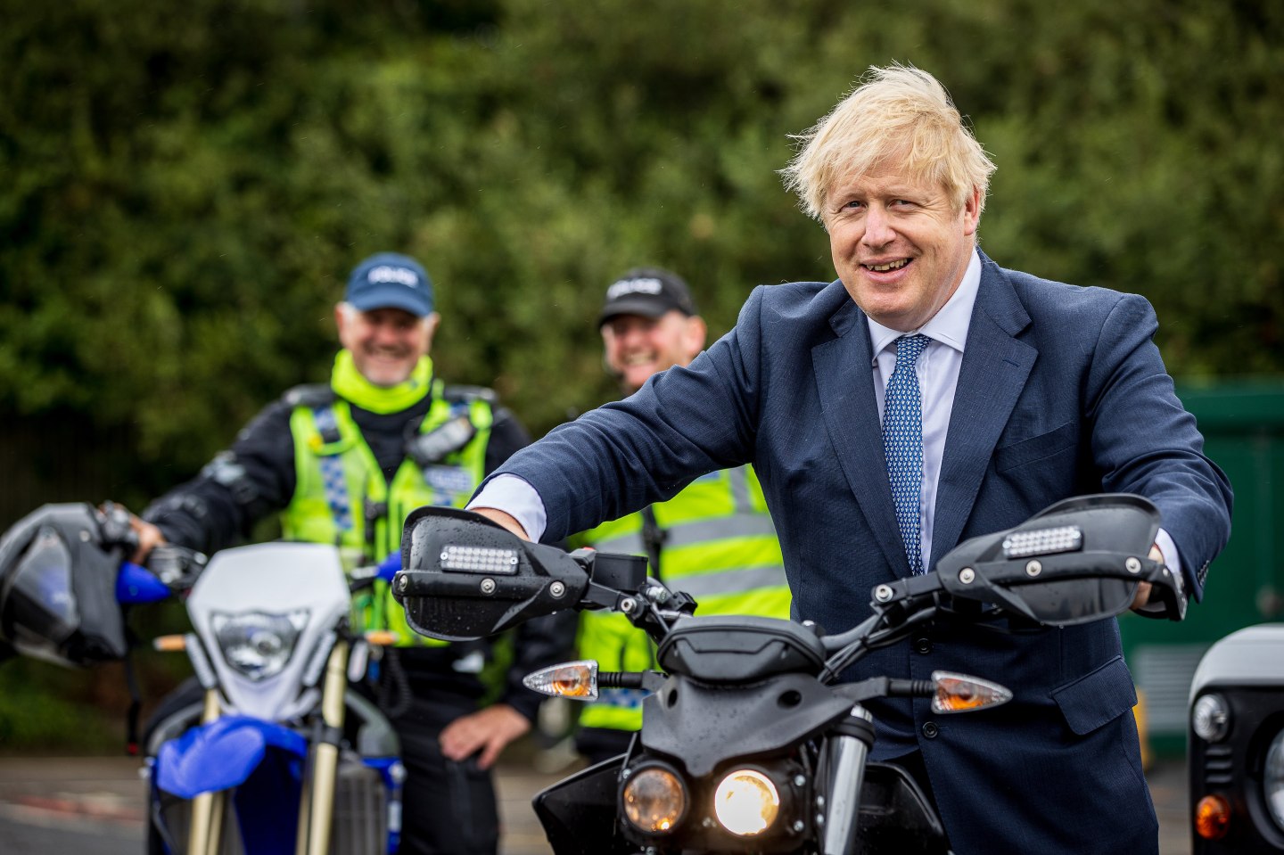 Prime Minster, Boris Johnson tries out a North Yorkshire Police Rural Taskforce bike as he and Home Secretary, Priti Patel visit the police and are introduced to recently graduated Police Officers on July 30, 2020 in Northallerton, North Yorkshire, England.