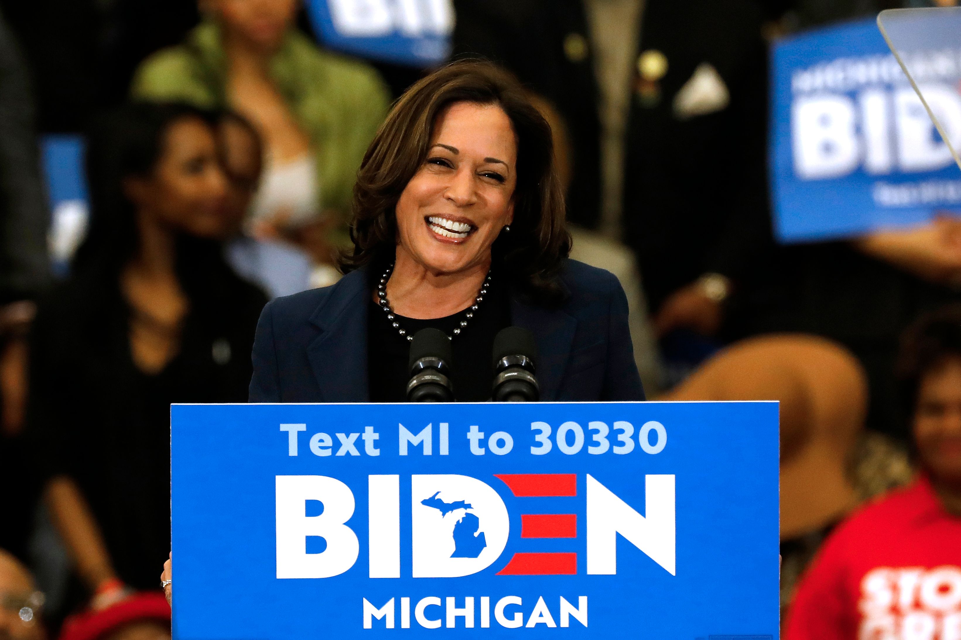 California Senator Kamala Harris endorses Democratic presidential candidate former Vice President Joe Biden as she speaks to supporters during a campaign rally at Renaissance High School in Detroit, Michigan on March 9, 2020. (Photo by JEFF KOWALSKY / AFP) (Photo by JEFF KOWALSKY/AFP via Getty Images)