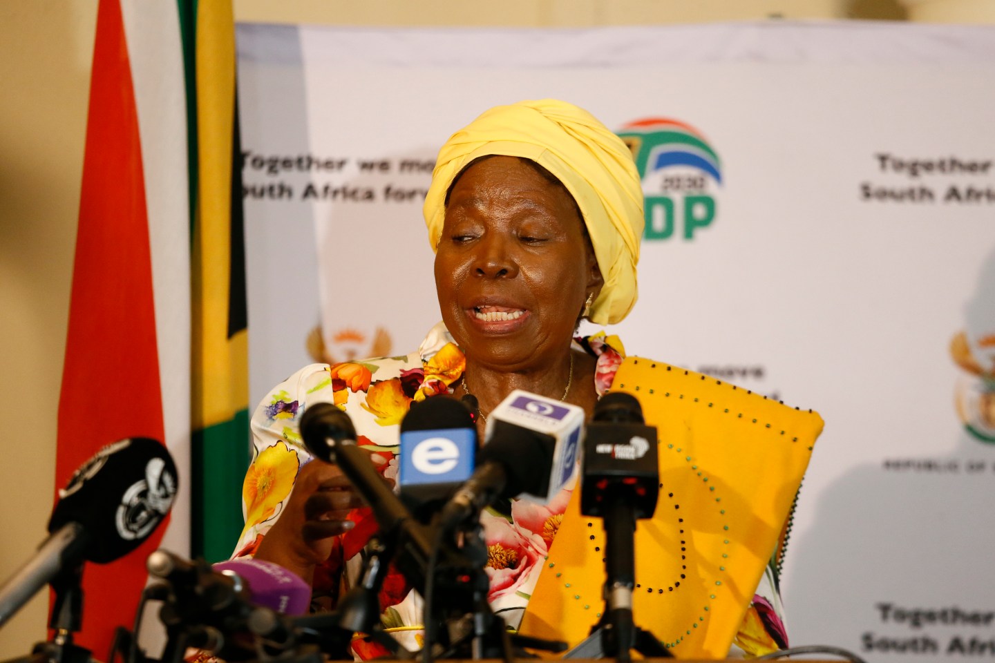 Minister of Cooperative Governance and Traditional Affairs, Dr Nkosazana Dlamini-Zuma briefs the media on the gazetted regulations issued in terms of the Disaster Management Act, 2002 (Act No. 57 of 2002) at Sefako M Makhatho Presidential Guest House on March 19, 2020 in Pretoria, South Africa.