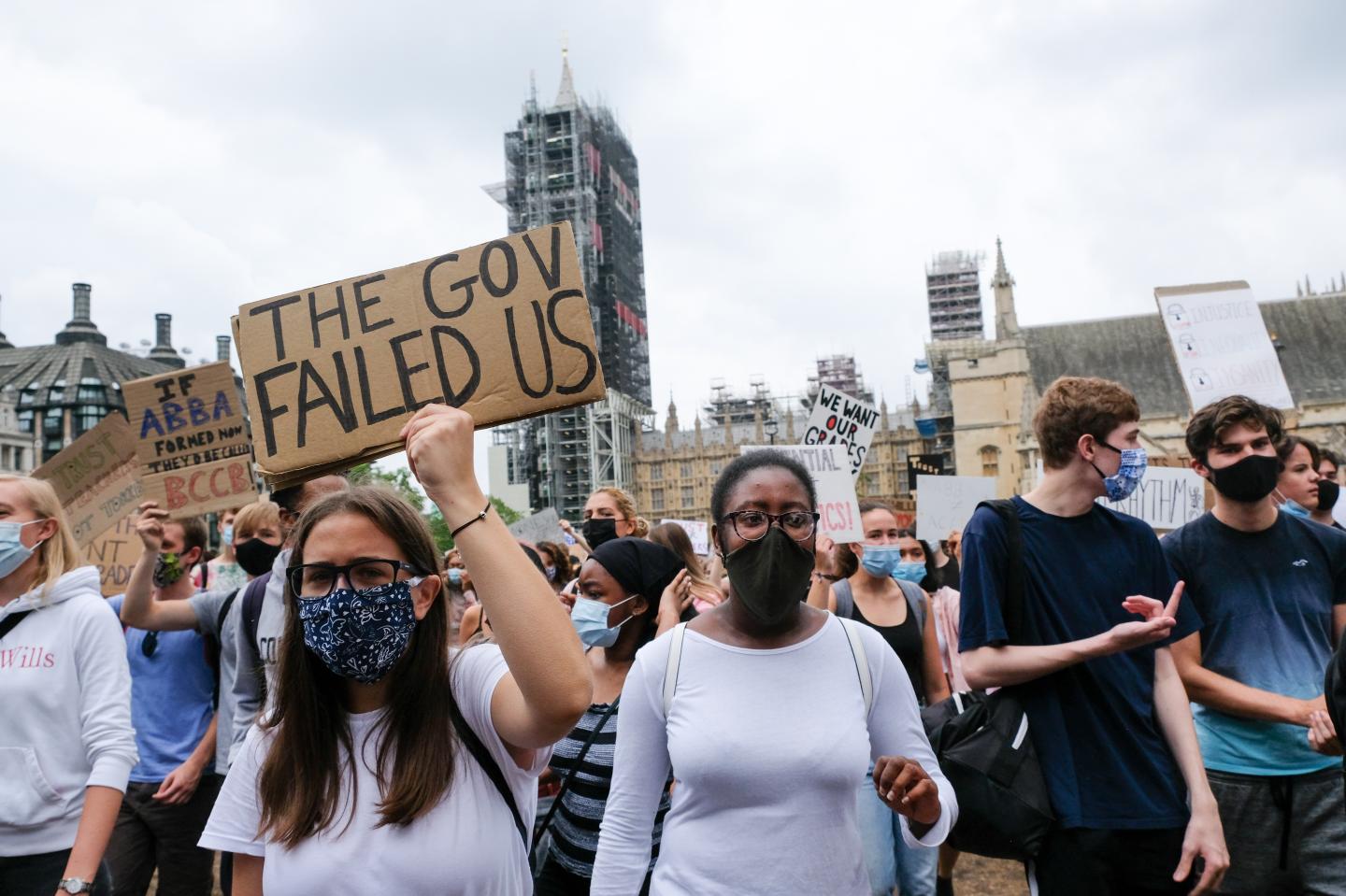 Students protest against the downgrading of A Levels results, marching to the Department for Education.