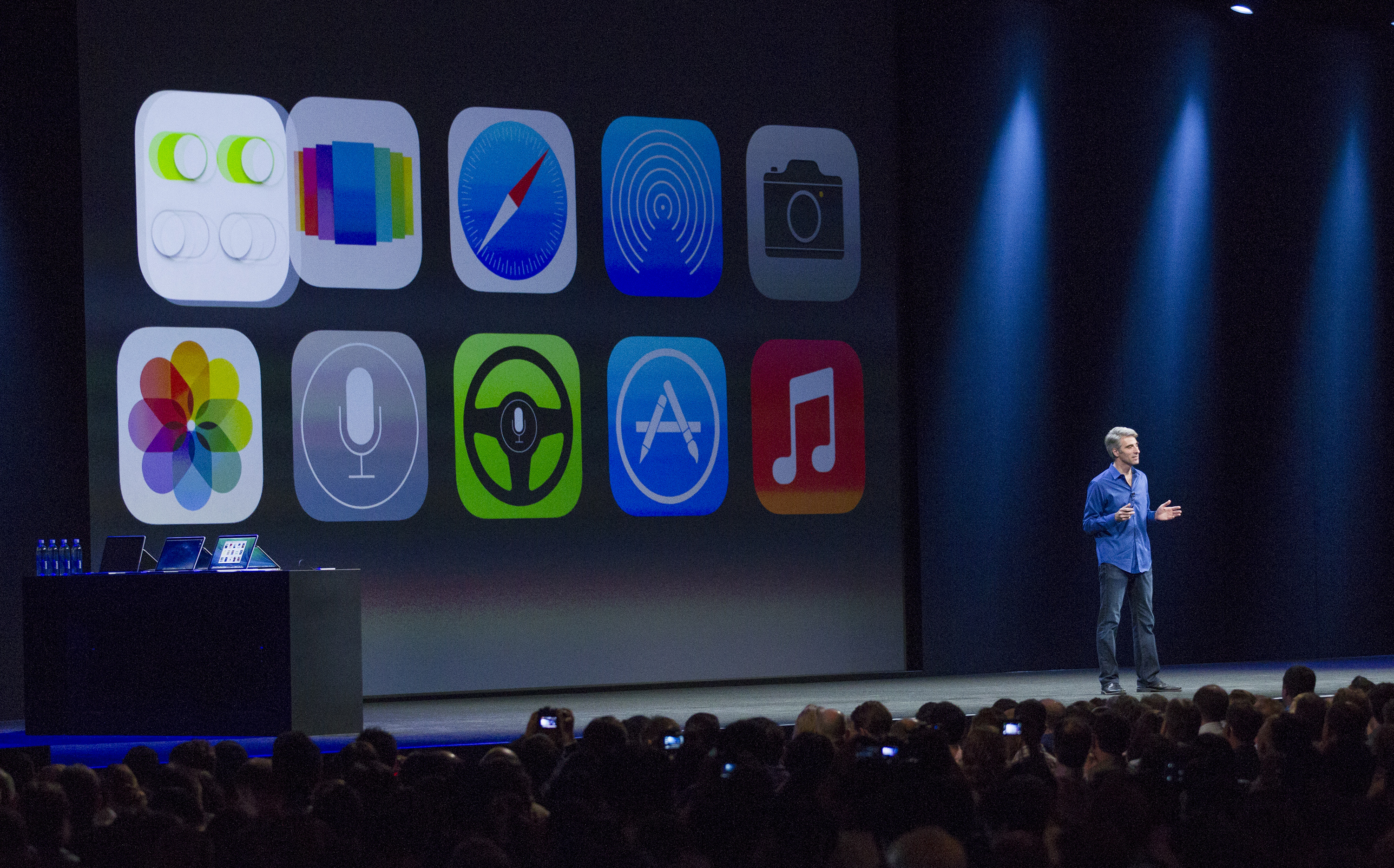 SAN FRANCISCO, CA - JUNE 10:  Apple's Craig Federighi, Vice President of Software Engineering, introduces iOS7 at a keynote address during the 2013 Apple WWDC at the Moscone Center on June 10, 2013 in San Francisco, California. Apple's annual developer conference runs through June 14.  