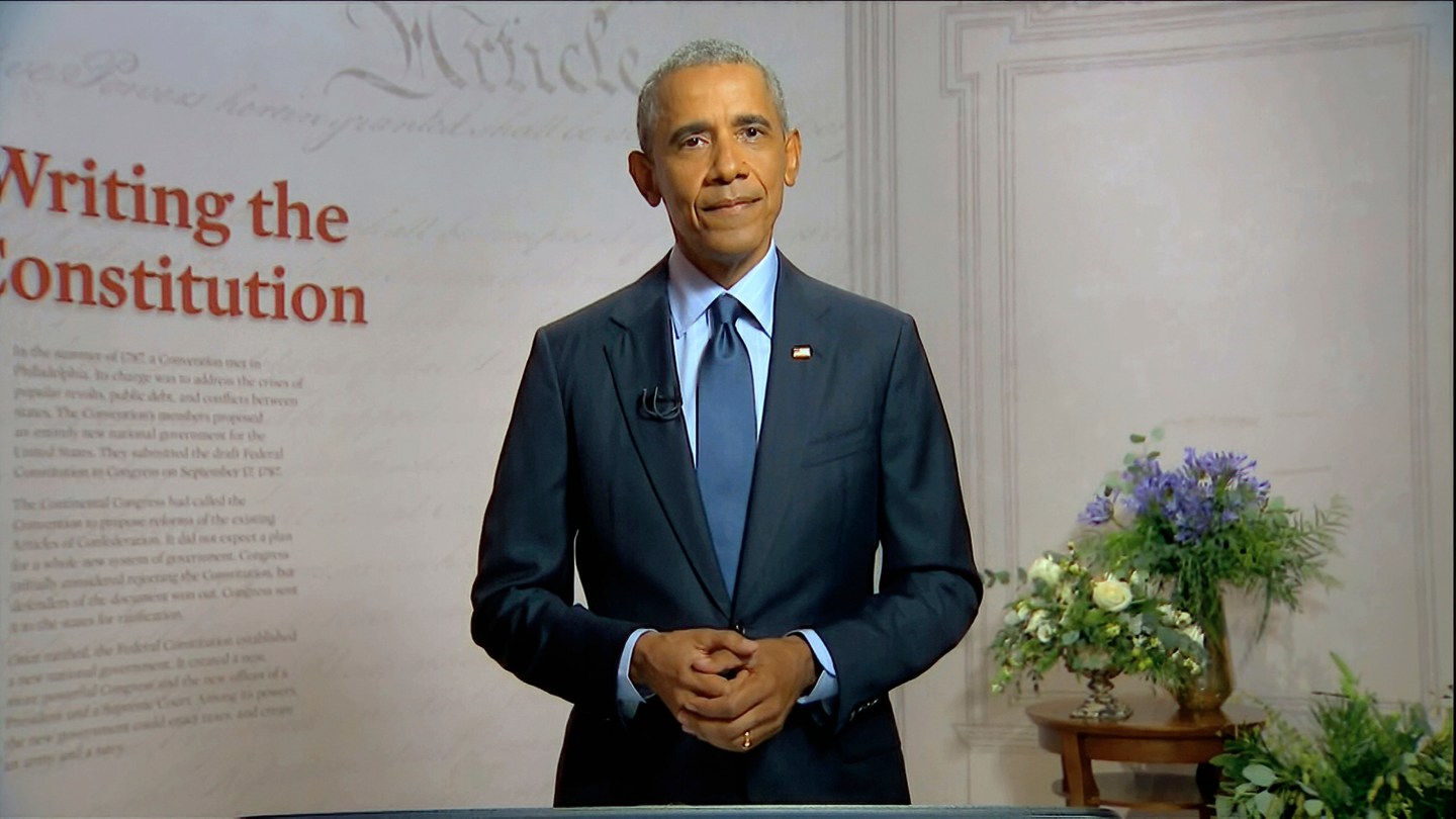 In this image from video, former President Barack Obama speaks during the third night of the Democratic National Convention on Wednesday, Aug. 19, 2020.
Democratic National Convention via AP