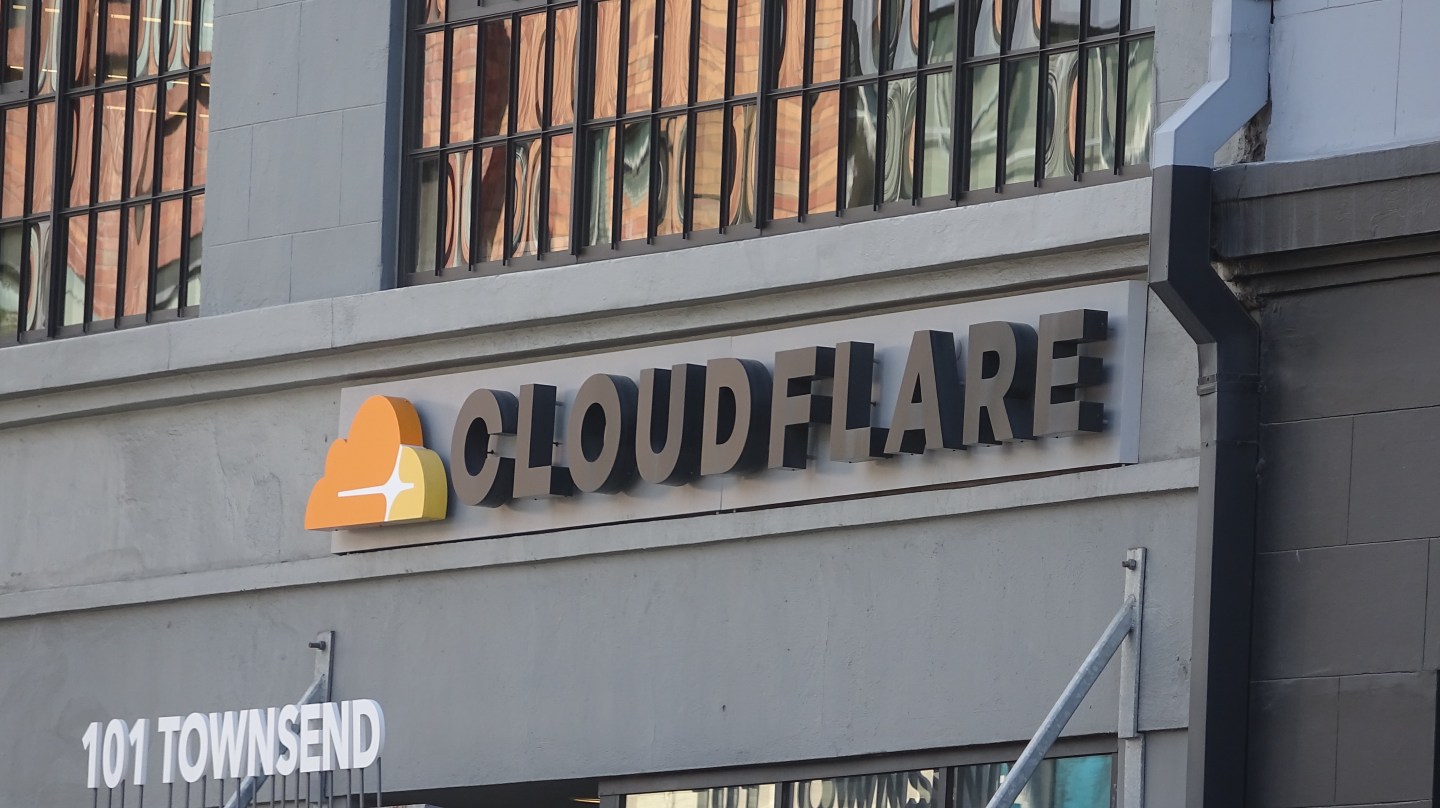 Close-up of logo on facade at headquarters of cyber security company Cloudflare in the South of Market (SoMA) neighborhood of San Francisco, California, June 10, 2019.
