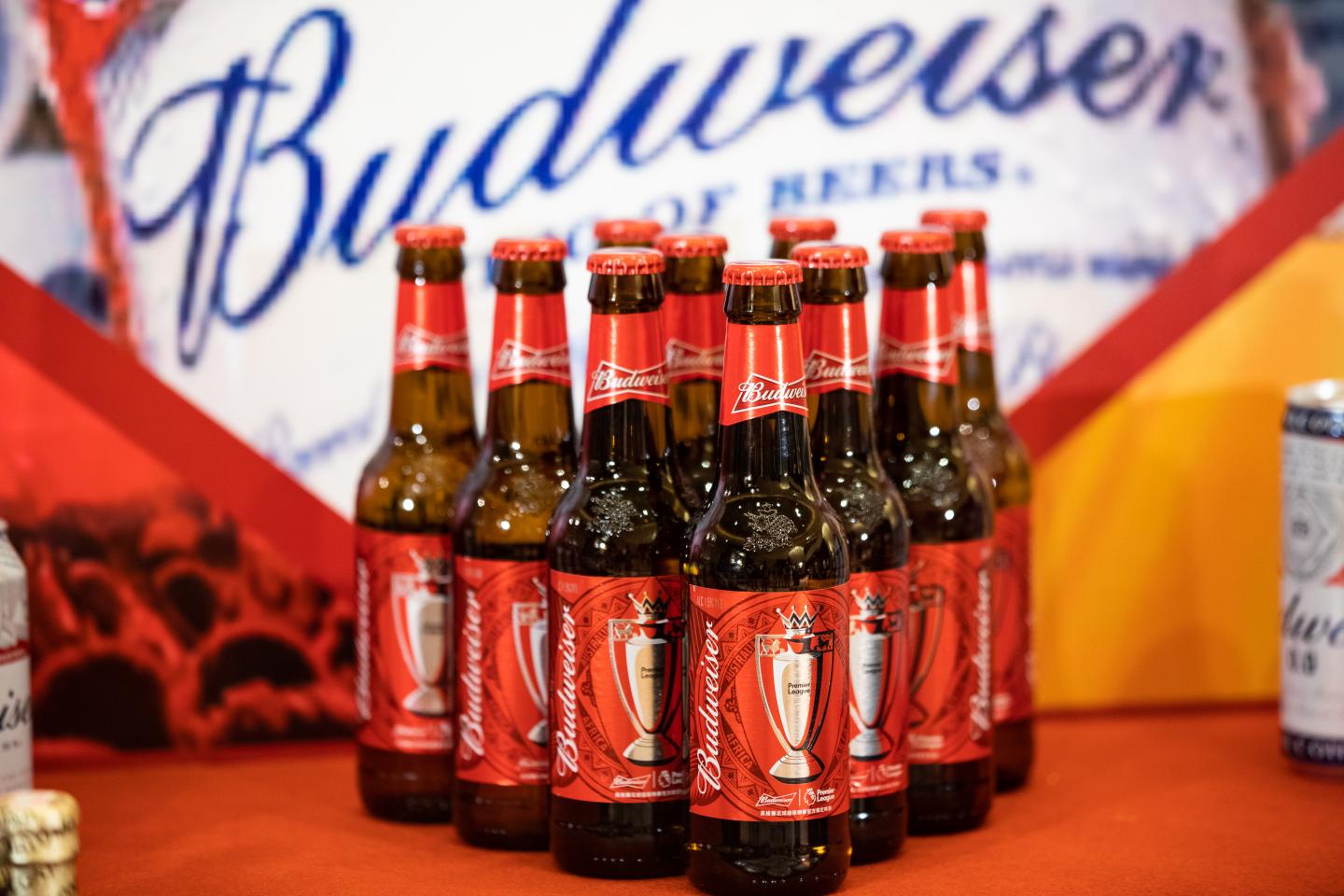 Bottles of Budweiser beer, produced by Anheuser-Busch InBev NV, sit displayed during a news conference in Hong Kong, China, on Tuesday, Sept. 17, 2019.
