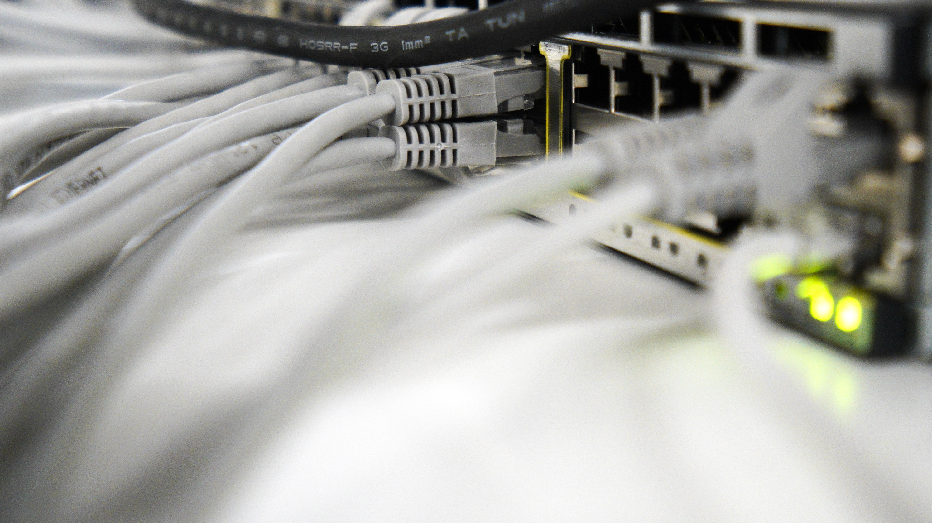 Routers with network cables are seen during the Hackyeah hackathon in Warsaw, Poland on September 18, 2019. The Hackyeah hackathon is the largest stationary hackathon in Europe with around 2500 participants taking part in an overnight hacking competition and over 100 thousand Euros in prize money. 
Jaap Arriens—NurPhoto/Getty Images