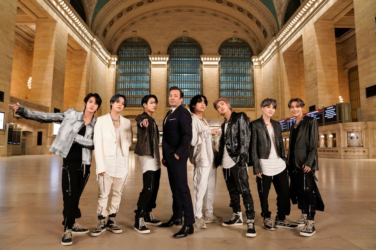 THE TONIGHT SHOW STARRING JIMMY FALLON -- Episode 1211 -- Pictured: (l-r) Jin, Jimin, and Jungkook of BTS, with host Jimmy Fallon and V, RM, SUGA, and J-Hope of BTS in Grand Central Terminal on February 24, 2020 -- (Photo by: Andrew Lipovsky/NBC/NBCU Photo Bank via Getty Images)