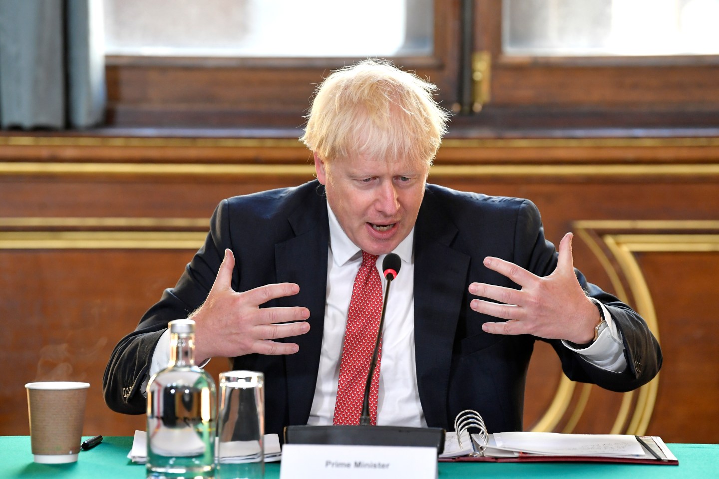 Britain's Prime Minister Boris Johnson speaks during a Cabinet meeting of senior government ministers at the Foreign and Commonwealth Office (FCO) on September 1, 2020 in London, England.