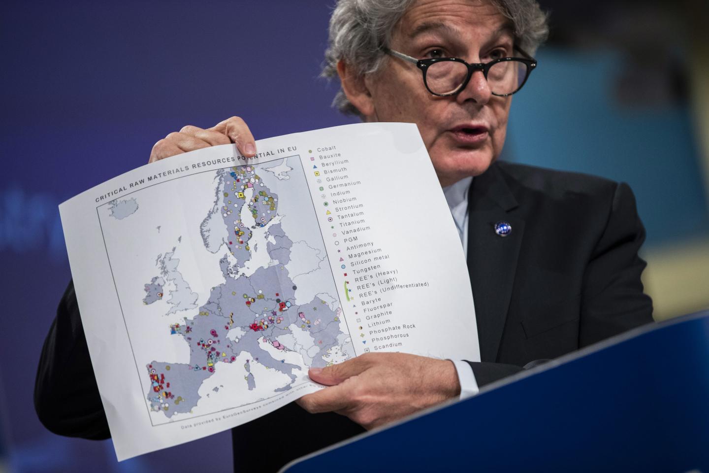 European Commissioner for Internal Market Thierry Breton shows a map of Europe as he talks to journalists during an online news conference at EU headquarters in Brussels on September 3, 2020. - Worried by an increasing dependency on the raw materials used to make smart phones, televisions and energy-saving lights, the European Union on Thursday launched a new strategy to secure access to rare earth minerals and reduce reliance on suppliers like Chile, China and South Africa.