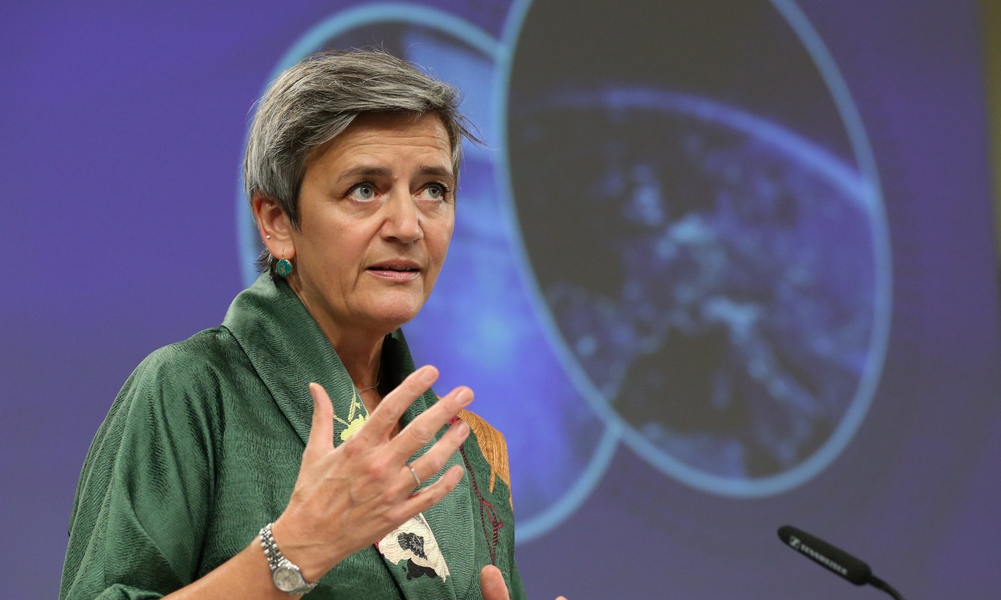 The Executive Vice-President of the European Commission, Margrethe Vestager makes a speech as she holds a press conference on the Digital Decade package.