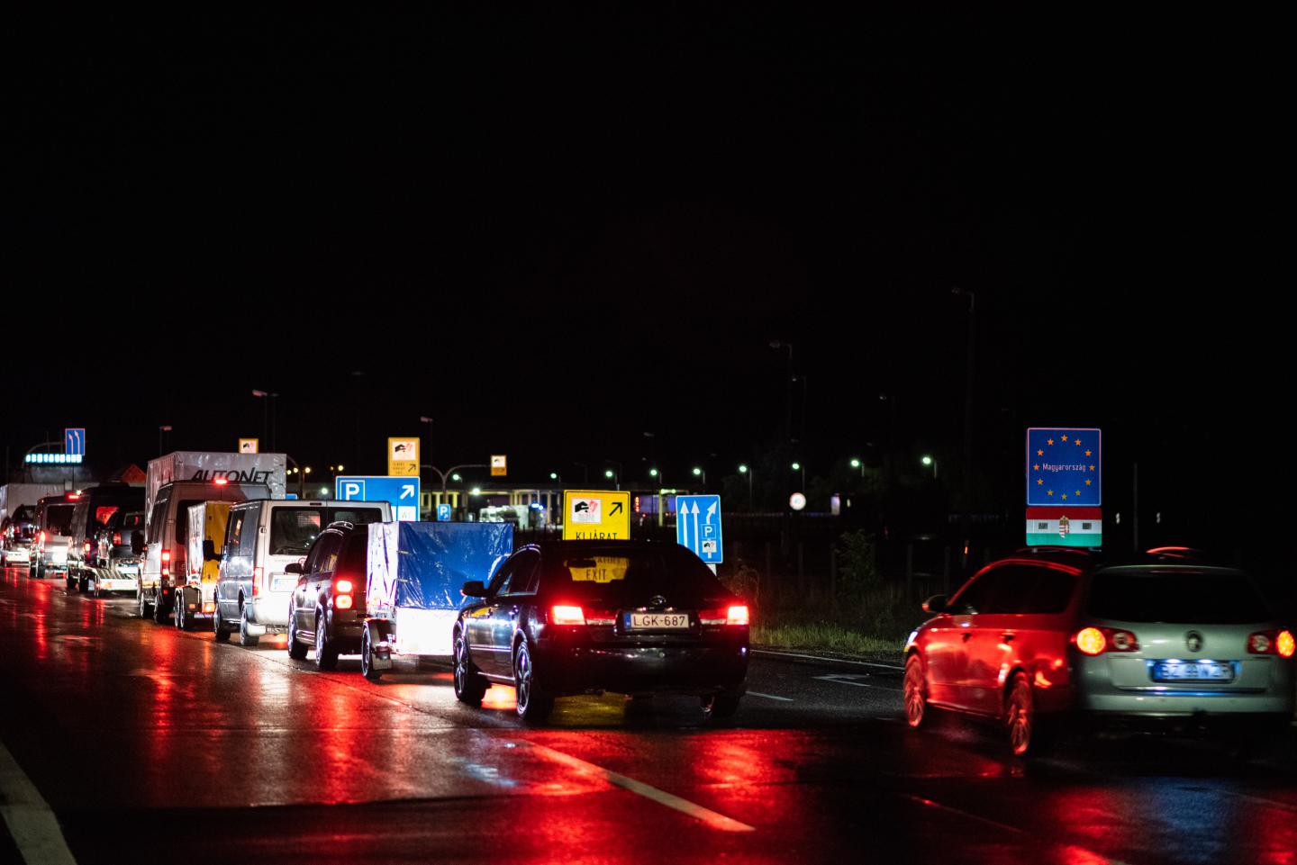 Cars queue up on the Austrian-Hungarian boarder coming from Austria shortly after Hungary imposed a ban on the arrival of non-resident foreigners on September 01, 2020 at Nickelsdorf, Austria.