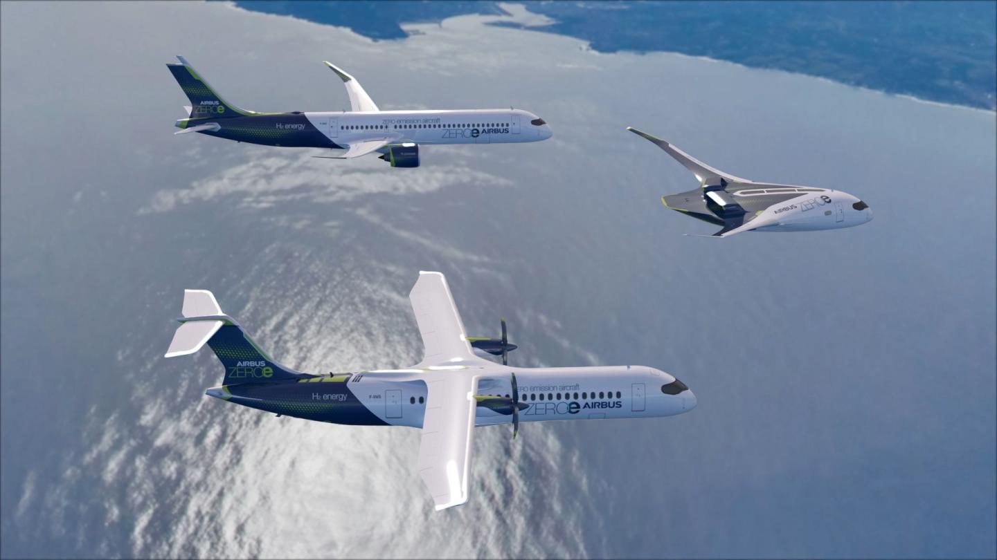 Airbus's three concepts for the ZEROe hydrogen-powered aircraft, unveiled on Monday Sept. 21, 2020.