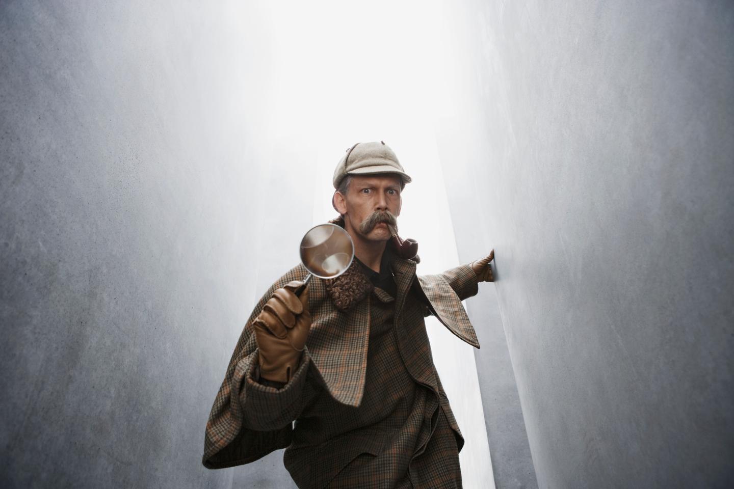 A man dressed like Sherlock Holmes holding a magnifying glass