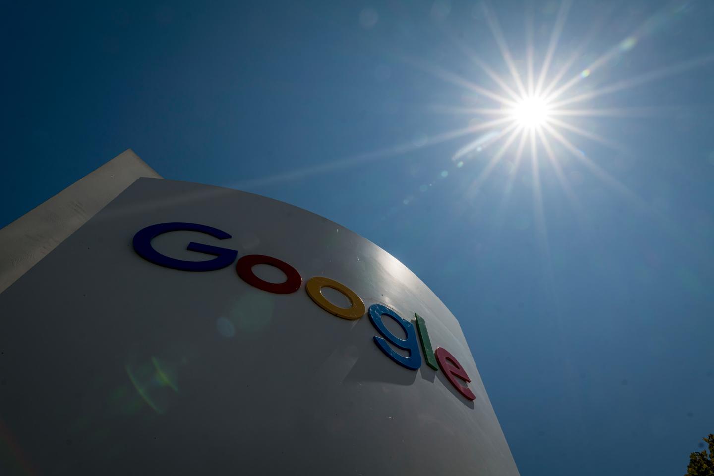 Signage outside the Google campus in Mountain View, California, U.S., on Monday, July 27, 2020.