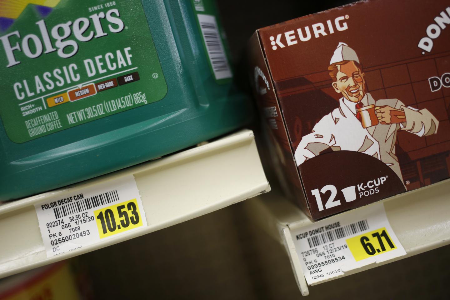 A box of Keurig Dr Pepper Inc. Donut Shop brand K-cup coffee pods are displayed for sale at a grocery store in Louisville, Kentucky, U.S., on Tuesday, July 28, 2020.