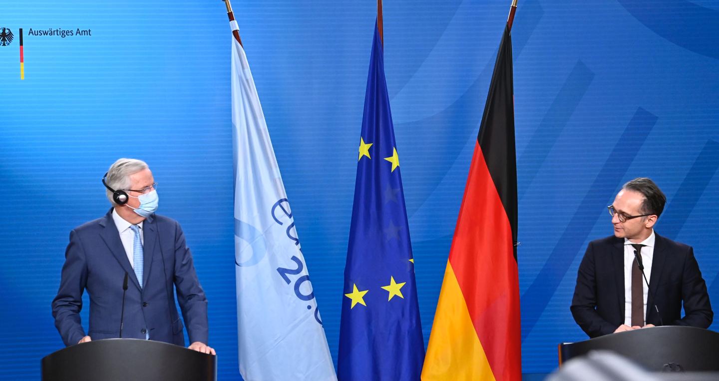 German Foreign Minister Heiko Maas (R) and the European Union's Brexit negotiator Michel Barnier address the media after talks in Berlin on October 5, 2020.