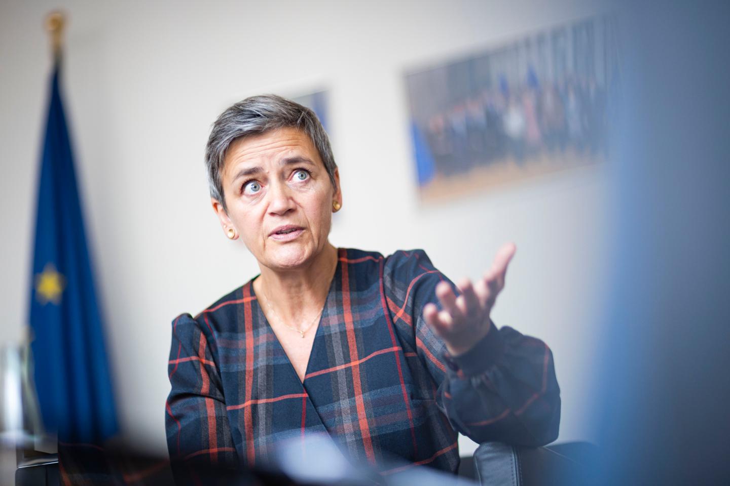 EU Commissioner for A Europe Fit for the Digital Age - Executive Vice President Margrethe Vestager gestures during an Interview on October 05, 2020 in Berlin, Germany.