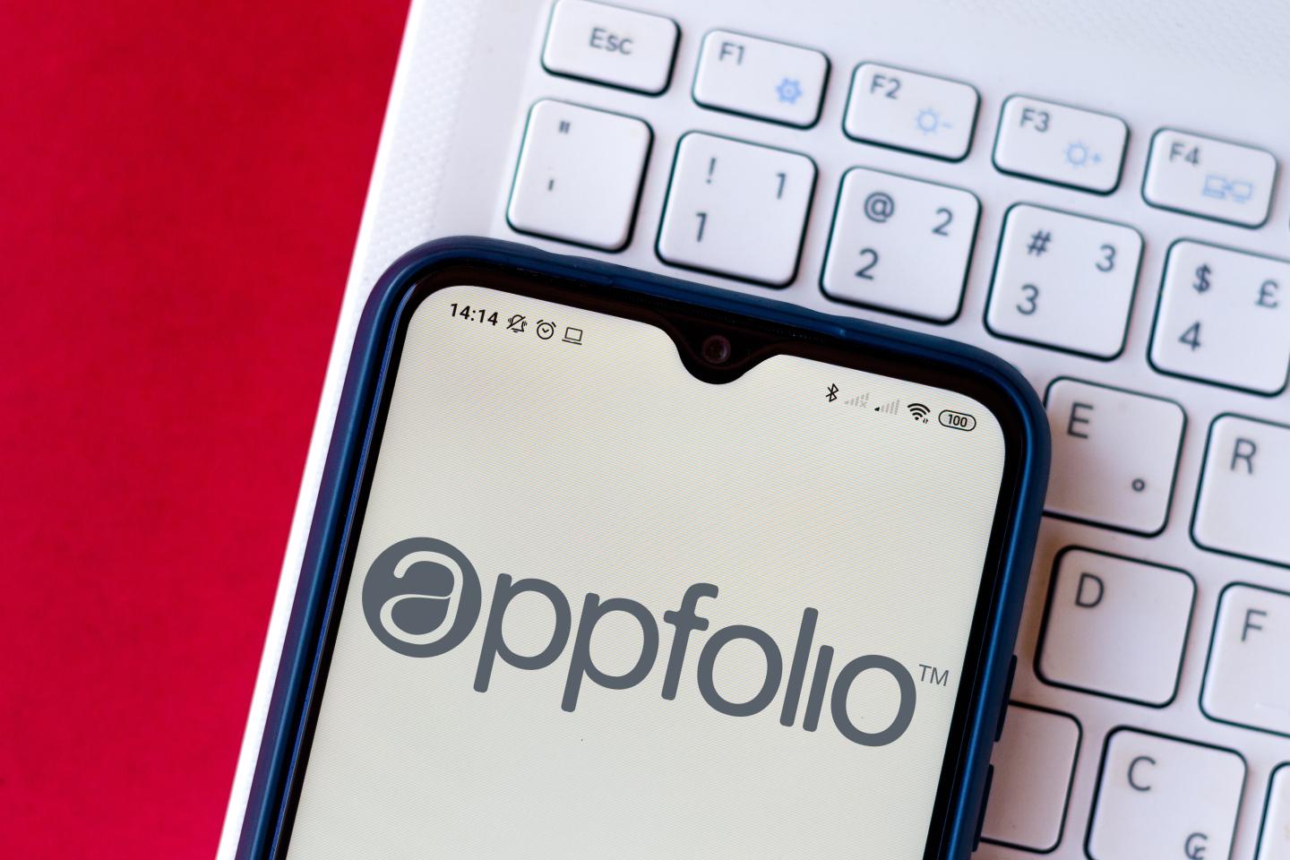 The AppFolio logo seen displayed on a smartphone.
