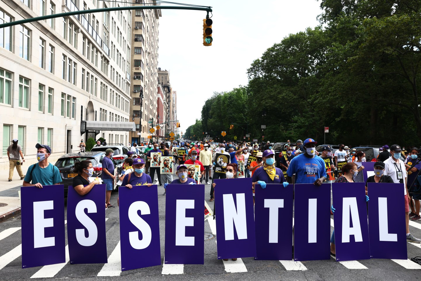 Union members during a "Strike for Black Lives" rally on July 20, 2020 in New York City. "Unions have proven remarkably effective in helping workers during the pandemic," writes Leo Hindery, Jr.