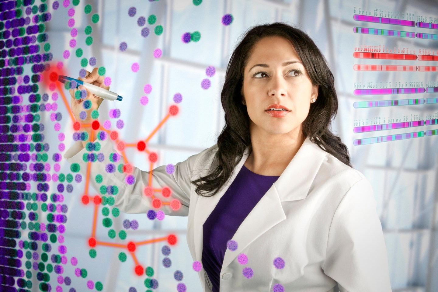 Woman at a transparent board drawing a fever chart with scientific data displayed around her.