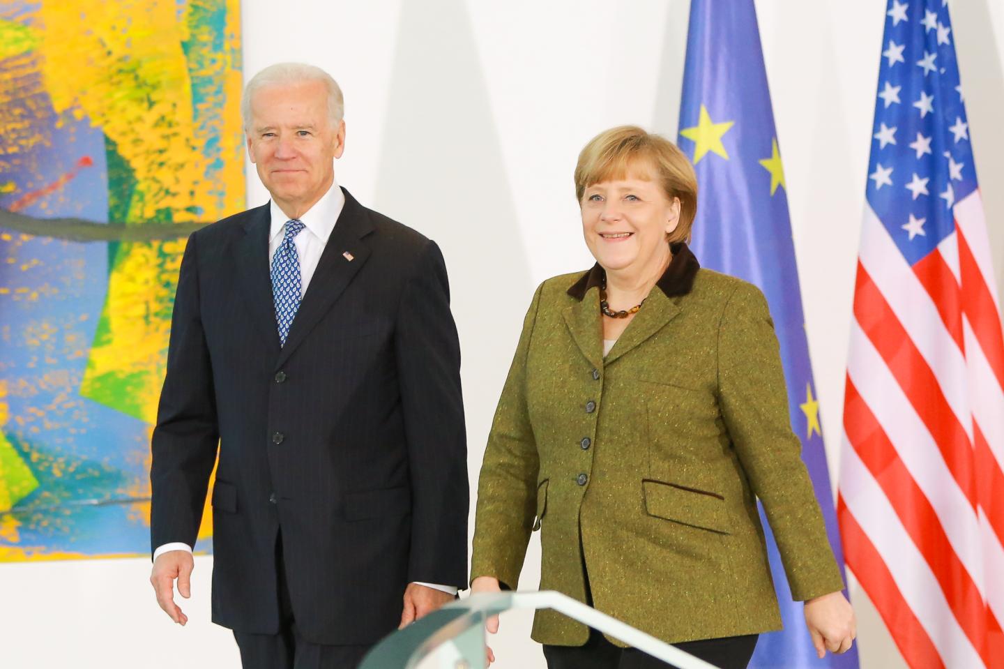 U.S. Vice President Joe Biden and German Chancellor Angela Merkel speak to the media prior to talks at the Chancellery on February 1, 2013 in Berlin, Germany.