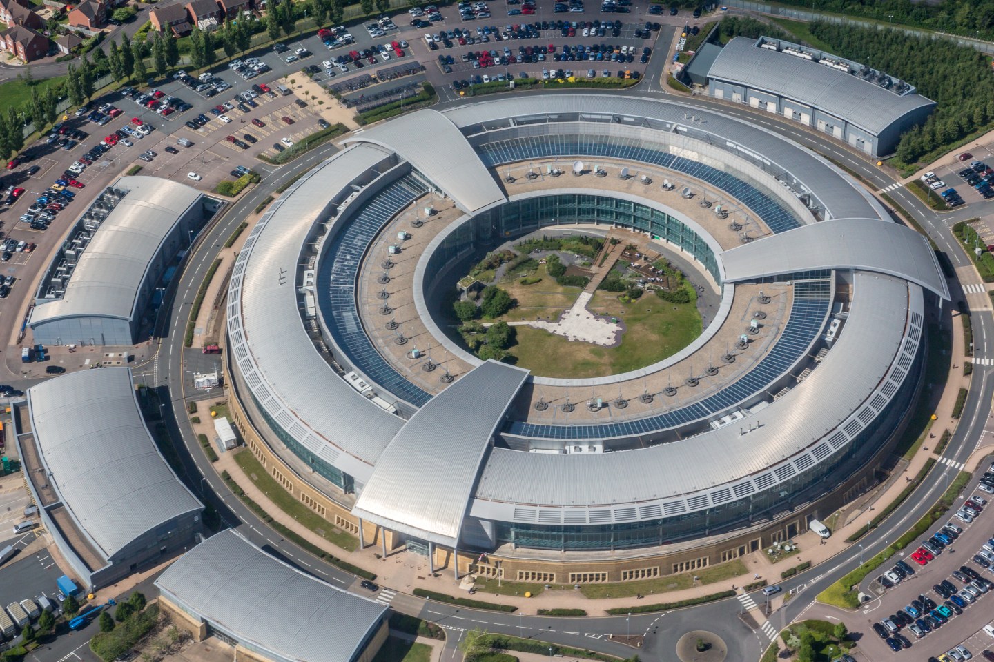 Aerial photograph of the Government Communications Headquarters, also known as GCHQ, Cheltenham Gloucestershire.