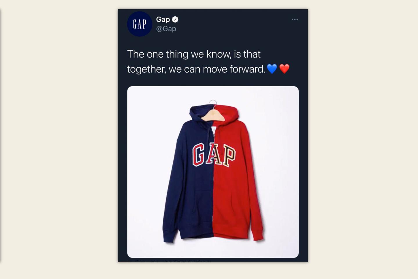 Gap ridiculed for tweet showing half-blue, half-red hoodie as a call for national unity