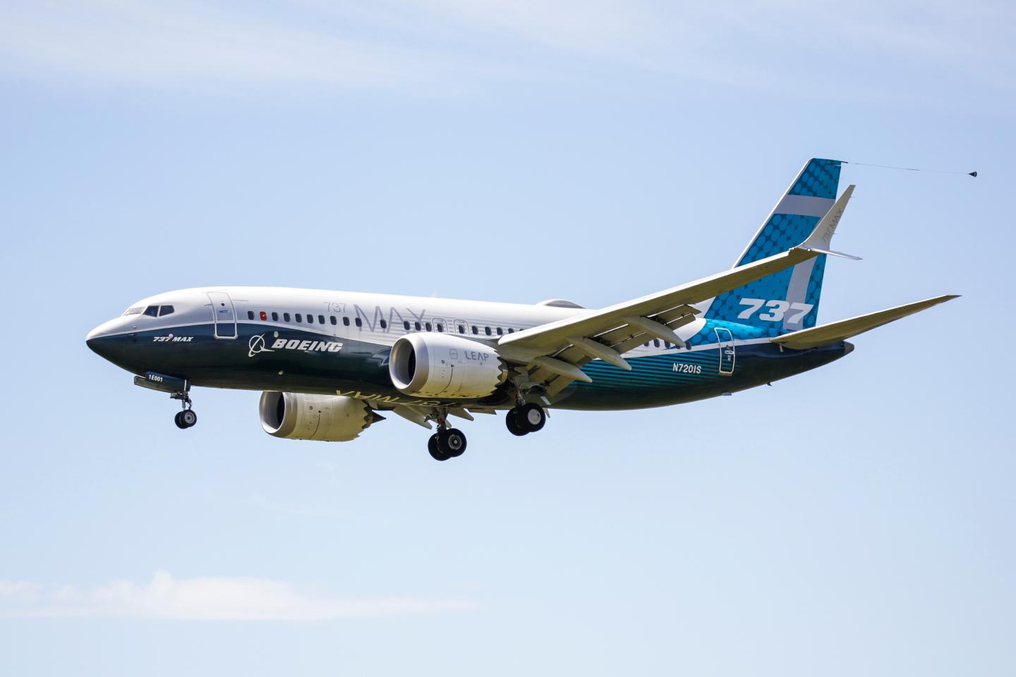 A Boeing 737 MAX jet comes in for a landing following a Federal Aviation Administration (FAA) test flight at Boeing Field in Seattle, Washington on June 29, 2020.