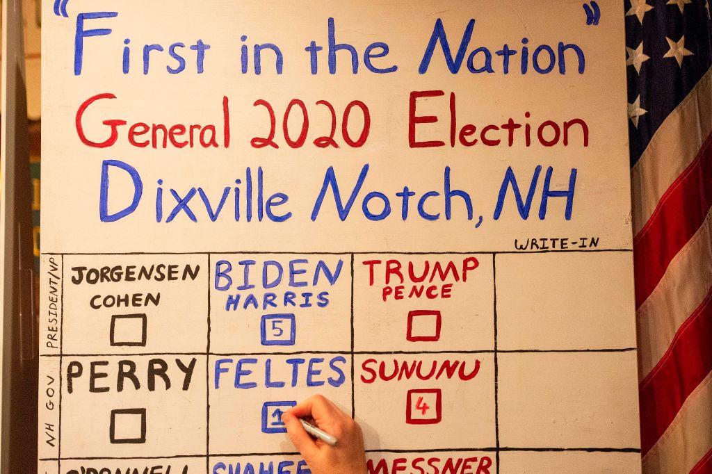 Image of a hand-written vote tally sign in Dixville Notch, New Hampshire, which is the first voting precinct in the U.S. to tally its votes.