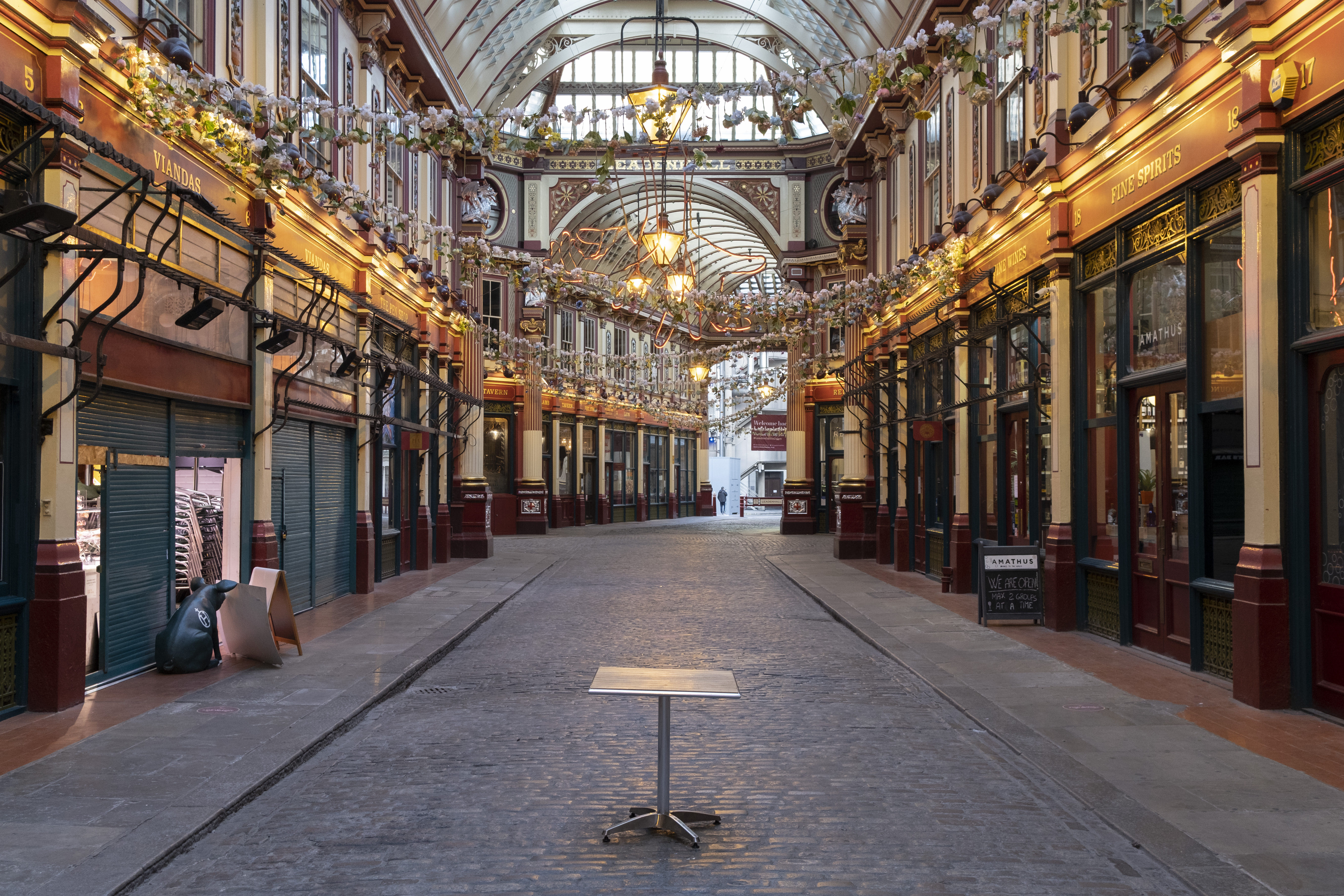 On Nov. 5, 2020, the first day of the U.K. government’s second national lockdown, a single table sits in London’s Leadenhall Market.