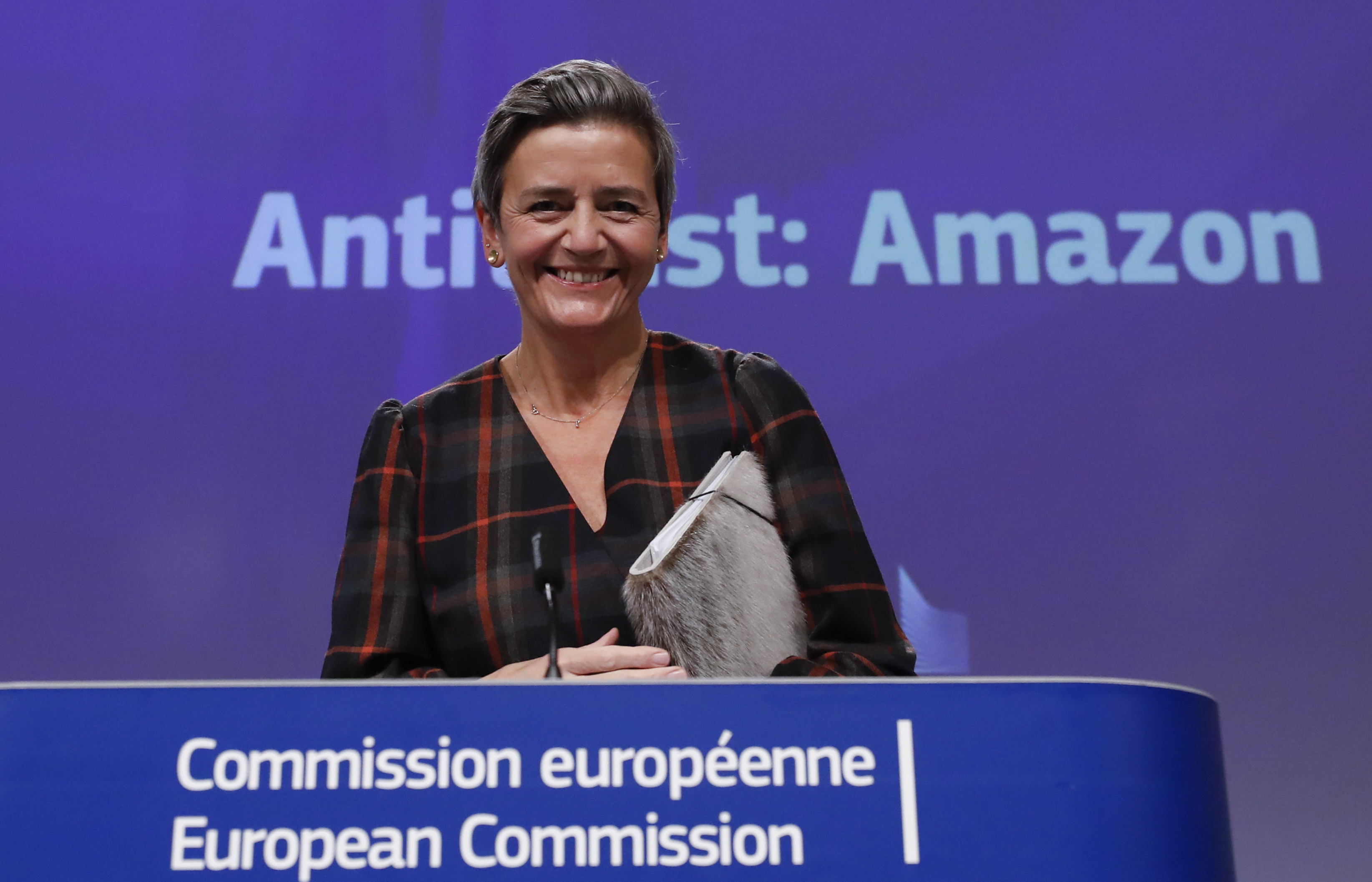 European Executive Vice-President Margrethe Vestager arrives to give a press conference on an anti-trust case with the multinational technology company, Amazon website at European Commission in Brussels on November 10, 2020. - The European Union formally accused US giant Amazon on November 10, 2020, of abusing its control over an online marketplace to distort competition, a breach of anti-trust rules.
