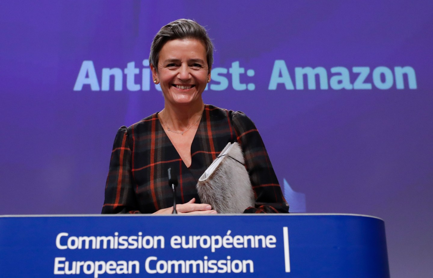 European Executive Vice-President Margrethe Vestager arrives to give a press conference on an anti-trust case with the multinational technology company, Amazon website at European Commission in Brussels on November 10, 2020. - The European Union formally accused US giant Amazon on November 10, 2020, of abusing its control over an online marketplace to distort competition, a breach of anti-trust rules.