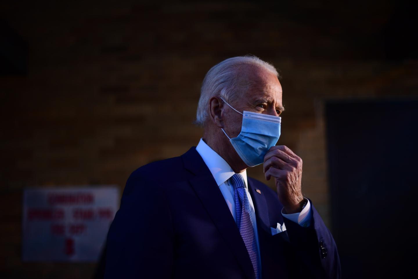 President-elect Joe Biden speaks with the media as he departs the Queen Theater after introducing key foreign policy and national security nominees and appointments on November 24, 2020 in Wilmington, Delaware.