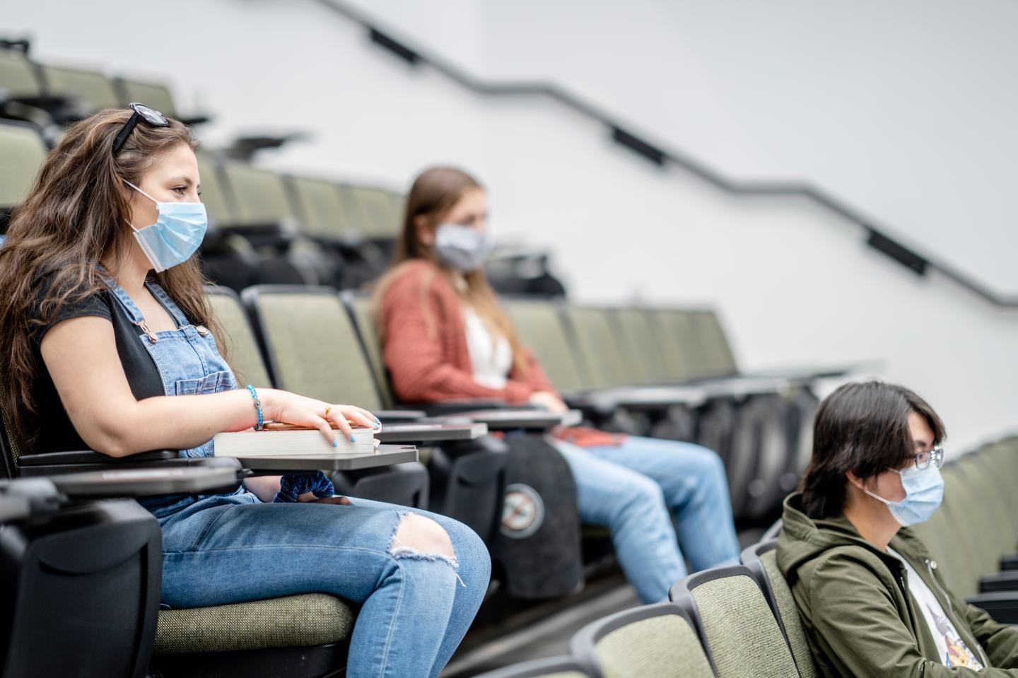 Group of students wearing protective face masks while sitting in a lecture hall sitting 2 meters apart.