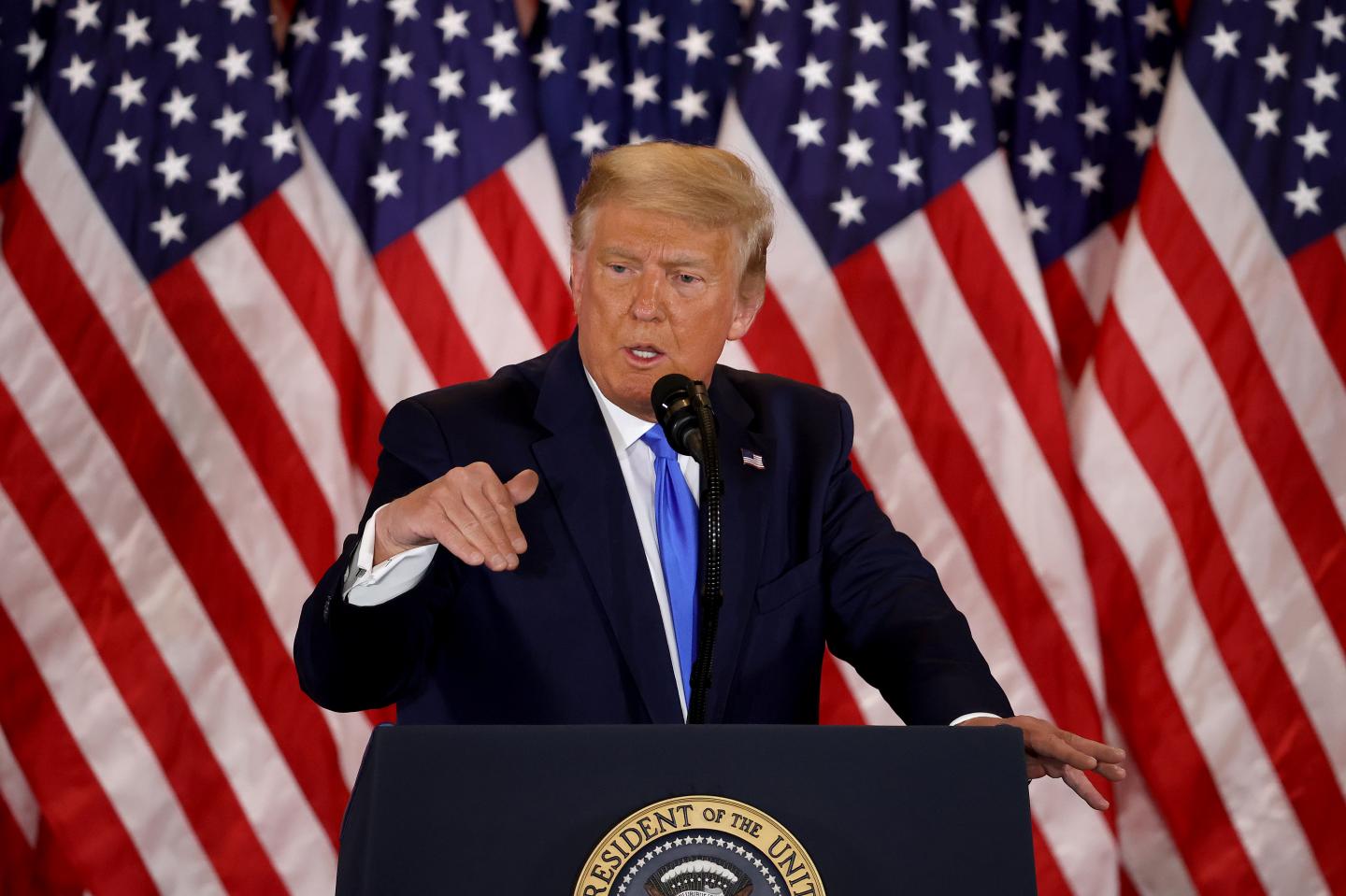 U.S. President Donald Trump speaks on election night in the East Room of the White House in the early morning hours of November 04, 2020 in Washington, DC. Trump spoke shortly after 2am with the presidential race against Democratic presidential nominee Joe Biden still too close to call.