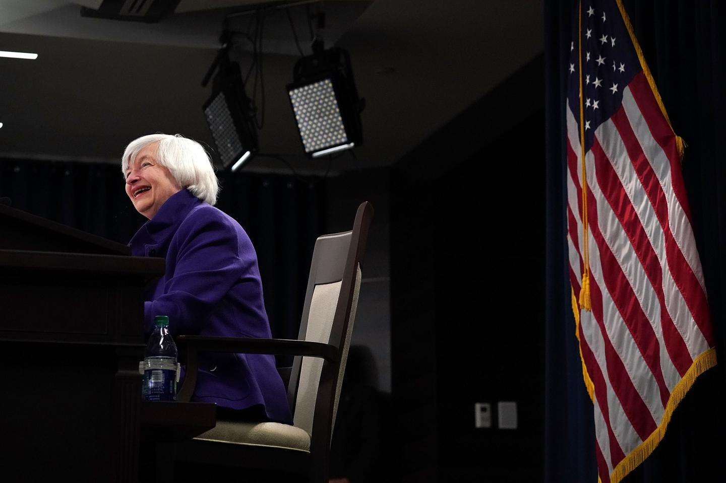 Federal Reserve Chair Janet Yellen laughes during her last news conference in office December 13, 2017 in Washington, DC.