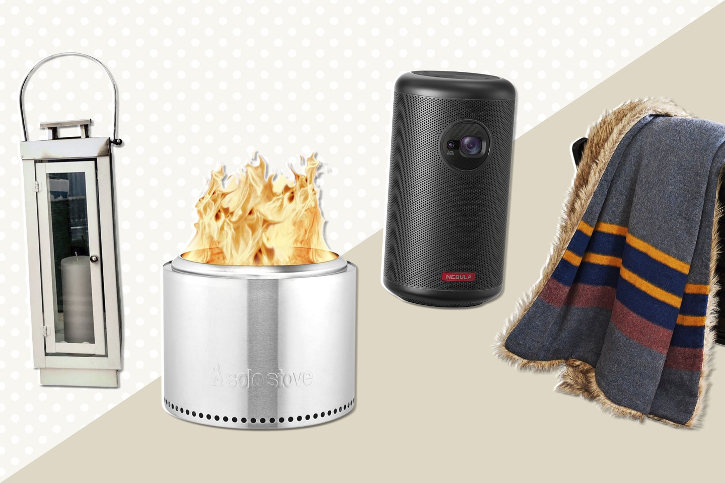 Cottage Lantern, Solo Stove Bonfire, Nebula Capsule Max Projector and Nottingham Faux Fur Plaid Throw