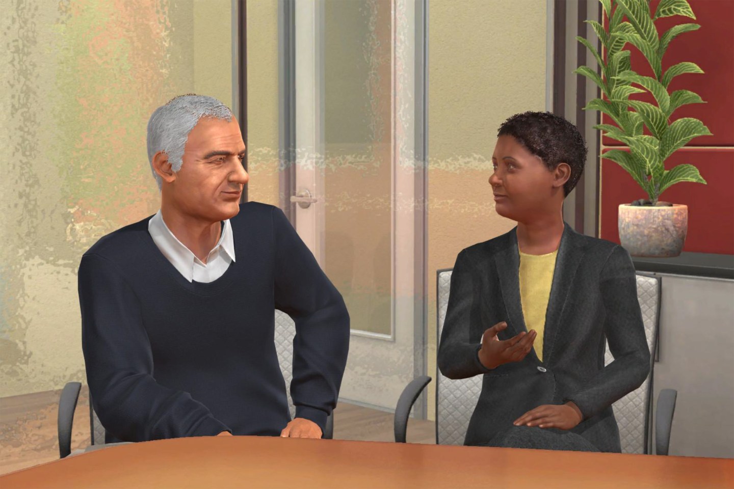 Hugo and Maia are having a hard time working out their differences in this Mursion training simulation.