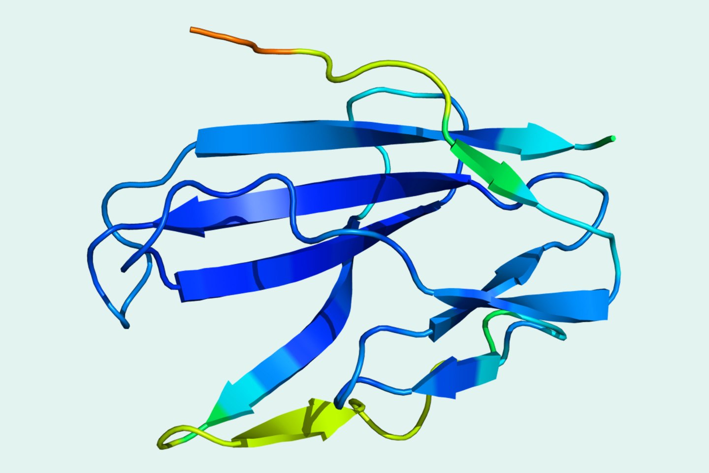 A computer-generated image of ORF8, a protein associated with the coronavirus that causes COVID-19. The protein was mapped using an A.I.-driven system developed by DeepMind.