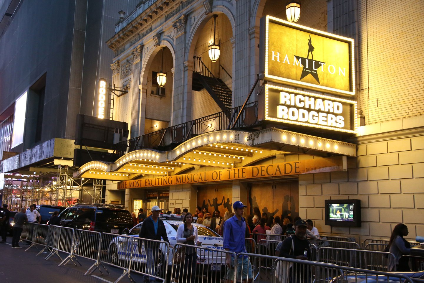Crowds outside the theater for the final performance of Lin-Manuel Miranda in 'Hamilton' on July 9, 2016 in New York City. Post-pandemic, long-running musicals will likely play a smaller role on Broadway, writes Michael Barra.