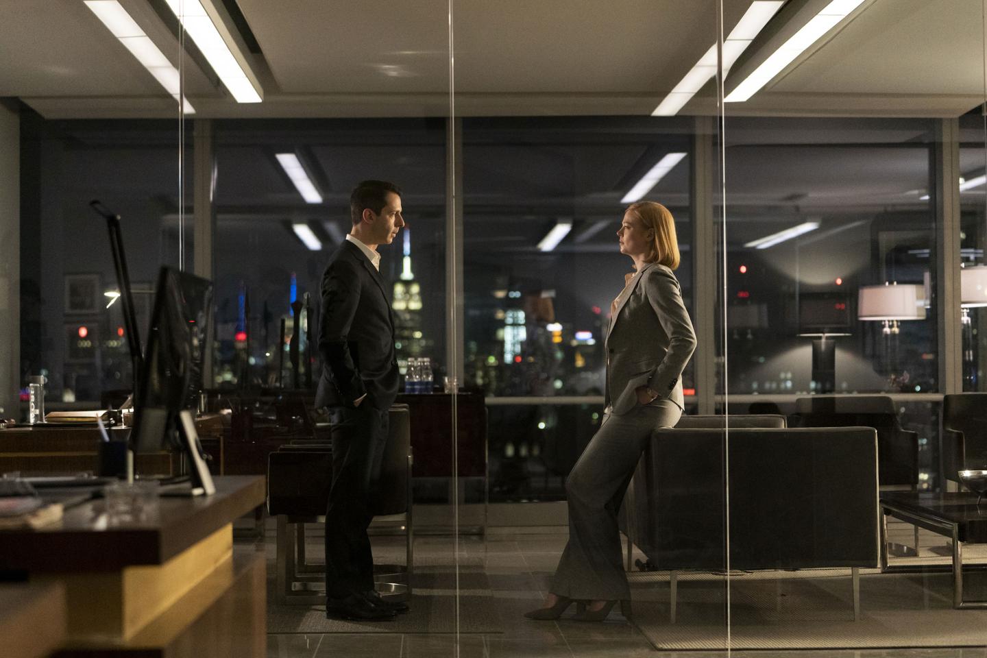 Jeremy Strong and Sarah Snook shown in the television show Succession