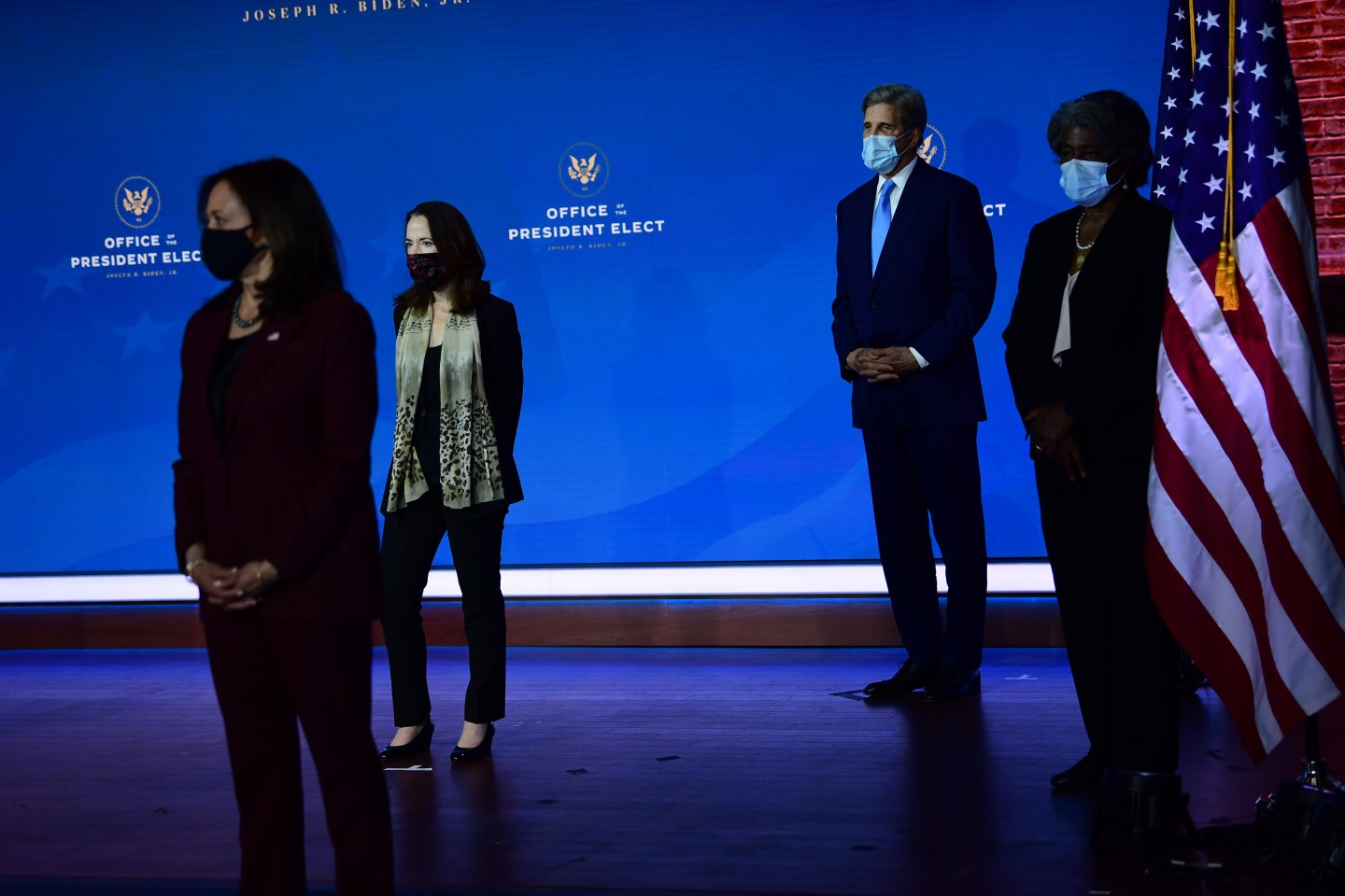 From left: Vice President-elect Kamala Harris along with Biden administration nominees Avril Haines, John Kerry, and Linda Thomas-Greenfield at an event on November 24 in Wilmington, Del. To best address the nation's current crises, the administration will need to systematically take gender and racial equity into account, writes Katica Roy.